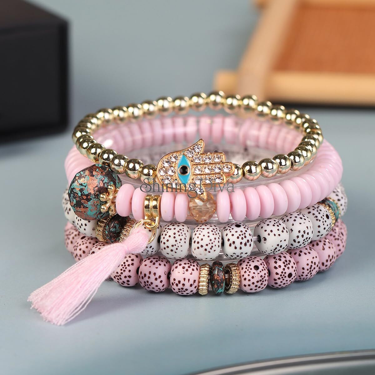 Shining Diva Fashion Latest Stylish Evil Eye Boho Bohemian Bangle Bracelet for Women and Girls (rrsd15420b)(Pink)
