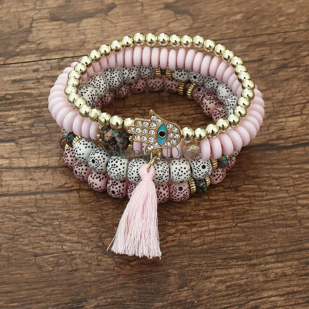 Shining Diva Fashion Latest Stylish Evil Eye Boho Bohemian Bangle Bracelet for Women and Girls (rrsd15420b)(Pink)