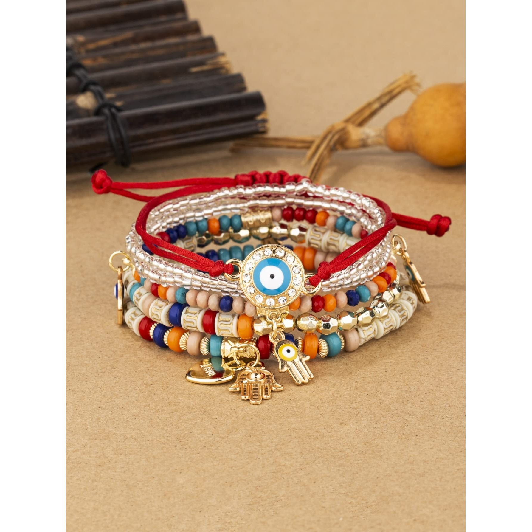 Shining Diva Fashion Latest Stylish Evil Eye Multilayer Bangle Bracelet for Women and Girls (14686b)(Red)
