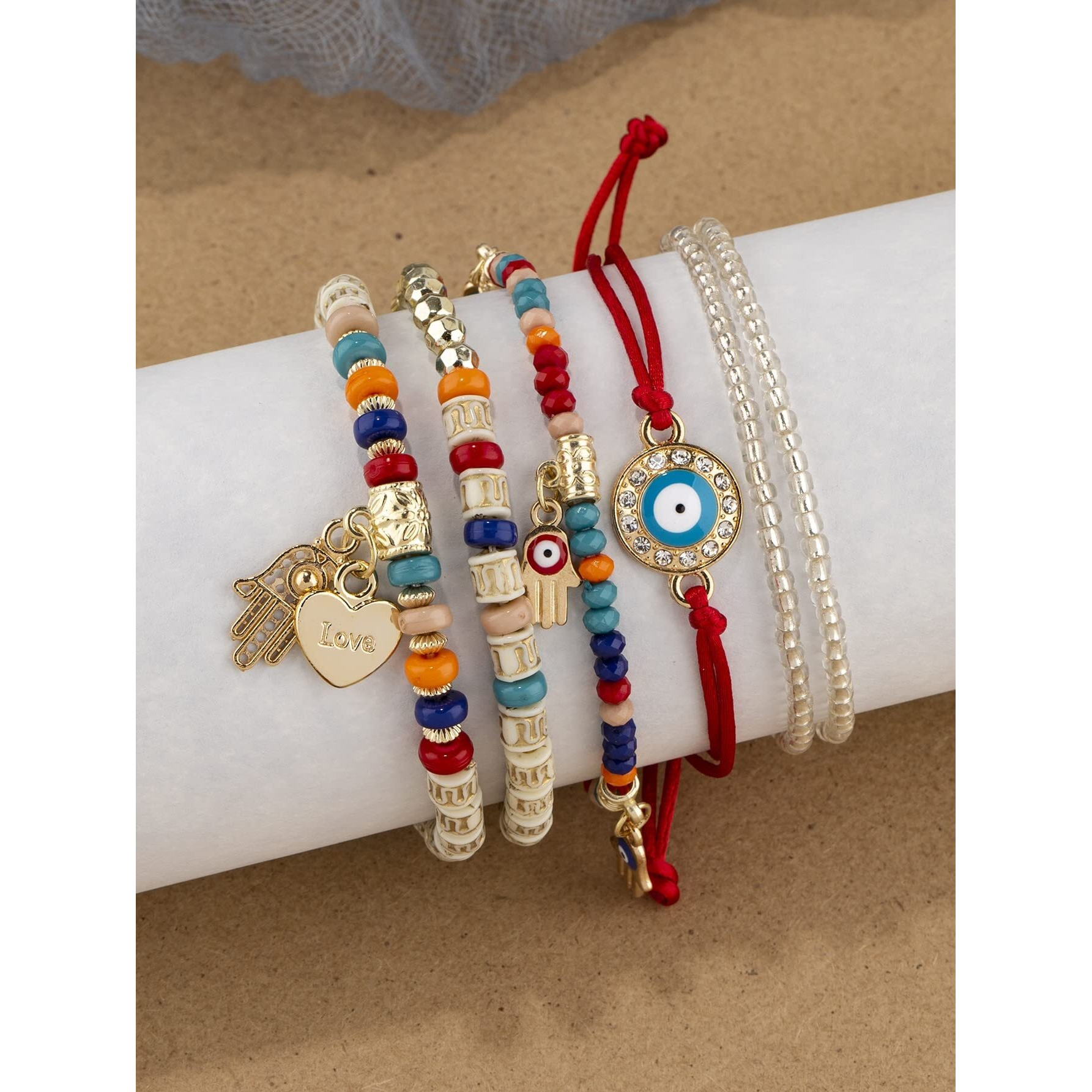 Shining Diva Fashion Latest Stylish Evil Eye Multilayer Bangle Bracelet for Women and Girls (14686b)(Red)