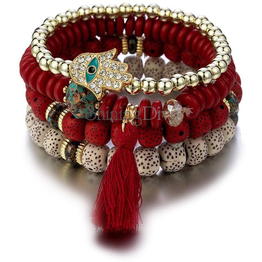 Shining Diva Fashion Latest Stylish Evil Eye Boho Bohemian Bangle Bracelet for Women and Girls (rrsd15426b)(Red)