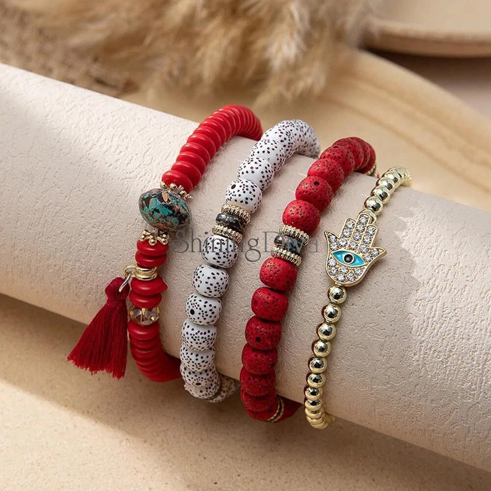 Shining Diva Fashion Latest Stylish Evil Eye Boho Bohemian Bangle Bracelet for Women and Girls (rrsd15426b)(Red)