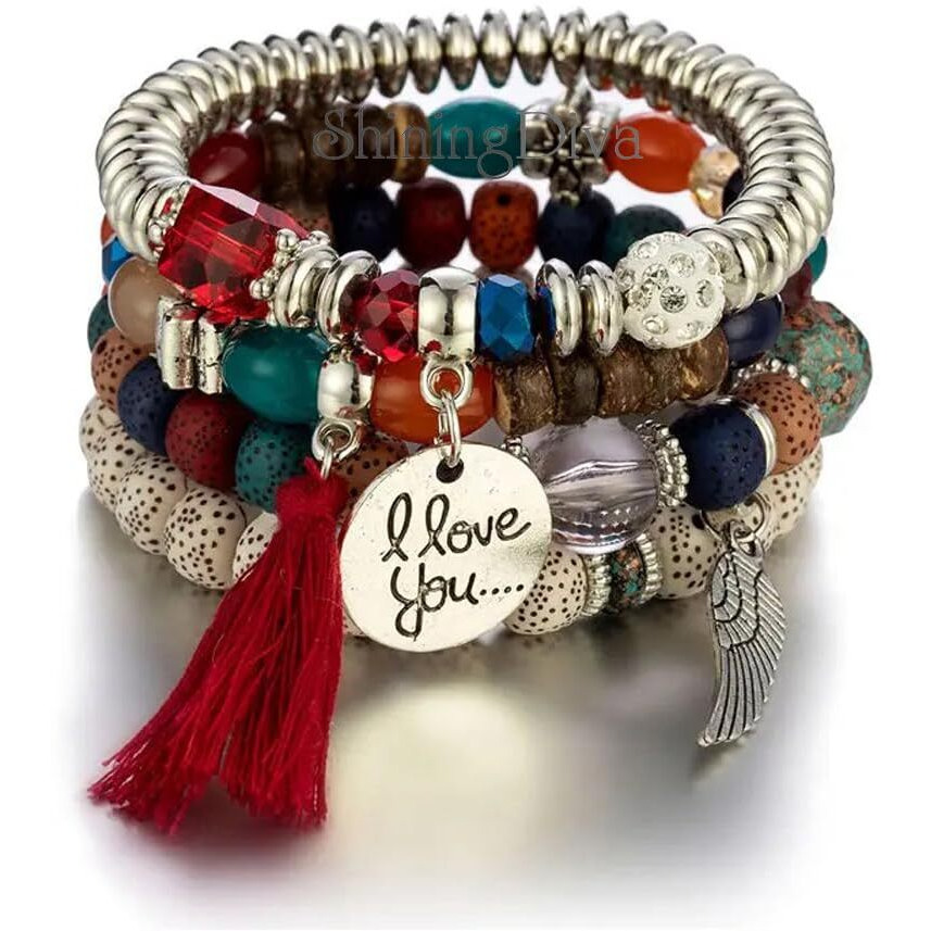 Shining Diva Fashion Latest Stylish Boho Bohemian Bodhi Bangle Bracelet for Women and Girls (rrsd15432b)(Red)