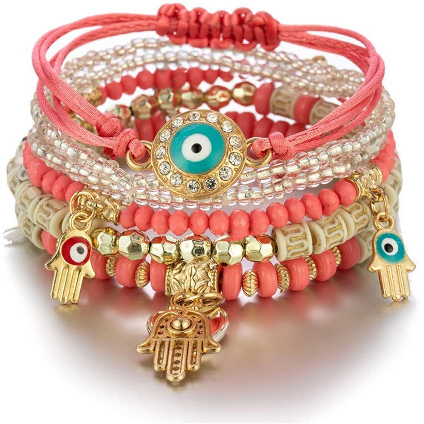 Shining Diva Fashion Latest Stylish Evil Eye Multilayer Bangle Bracelet for Women and Girls (14688b)(Peach)
