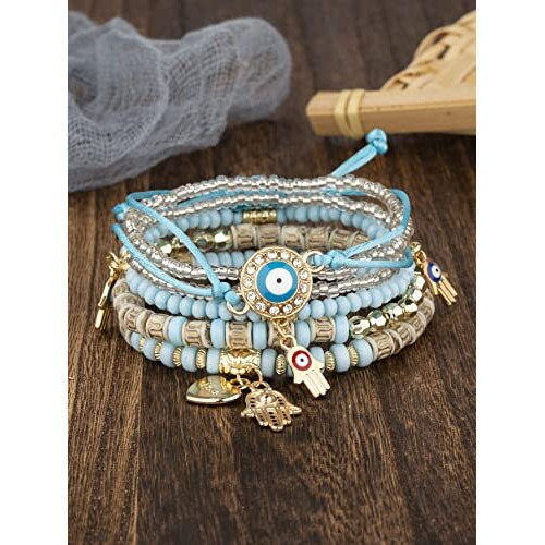 Shining Diva Fashion Latest Stylish Evil Eye Multilayer Bangle Bracelet for Women and Girls (14684b)(Blue)