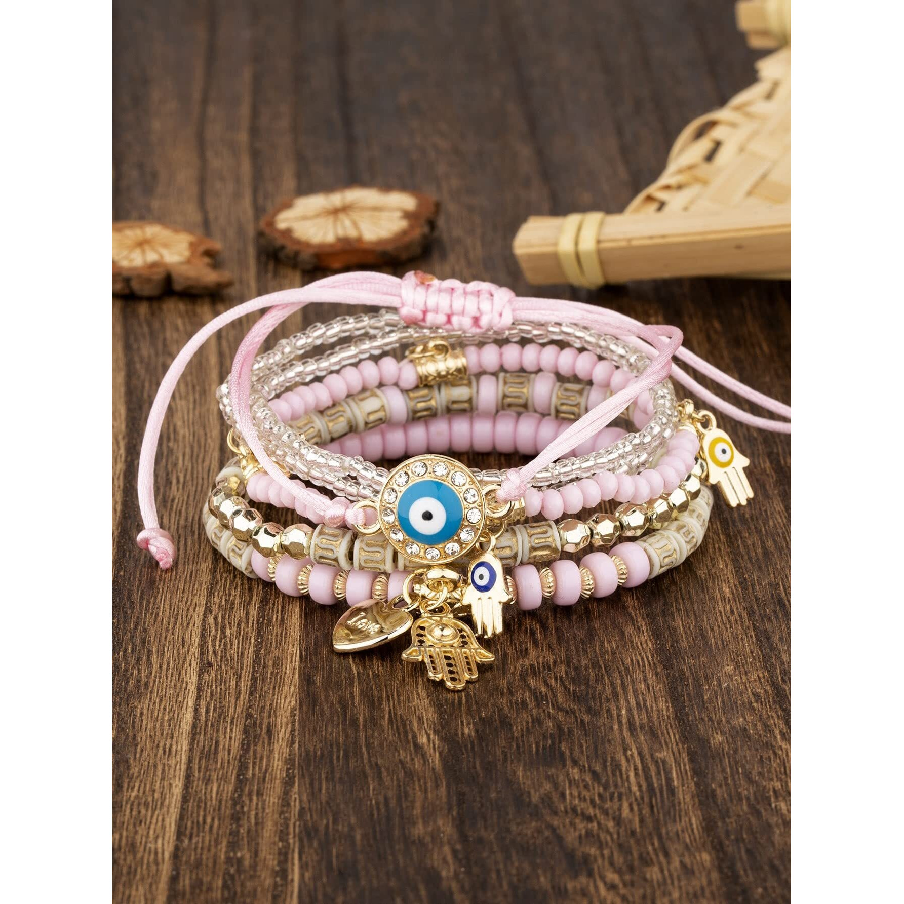 Shining Diva Fashion Latest Stylish Evil Eye Multilayer Bangle Bracelet for Women and Girls (14685b)(Pink)