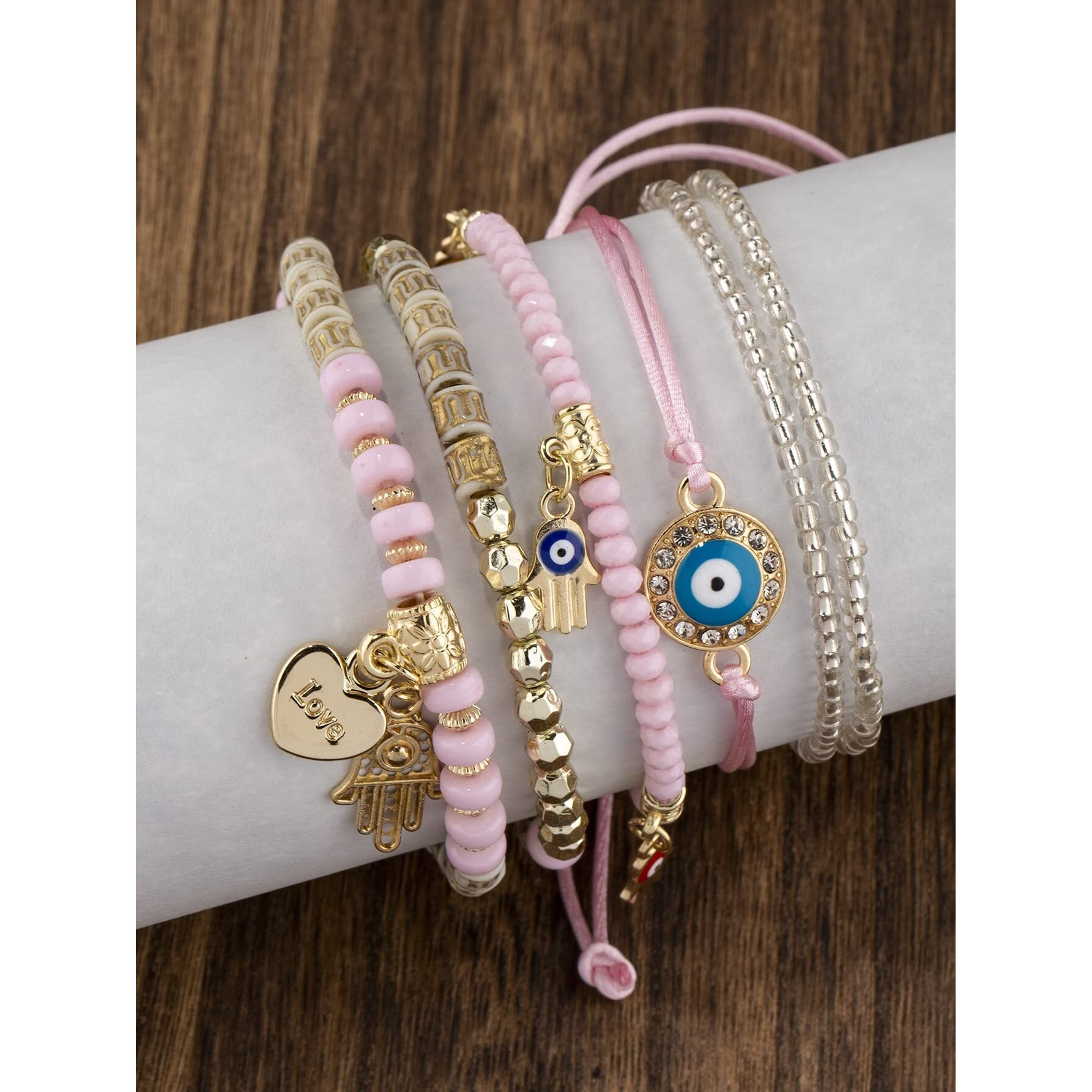 Shining Diva Fashion Latest Stylish Evil Eye Multilayer Bangle Bracelet for Women and Girls (14685b)(Pink)