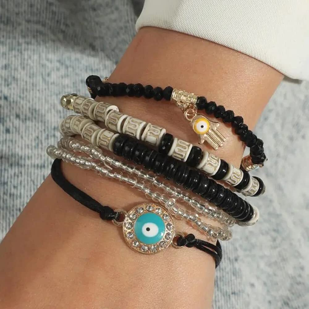 Shining Diva Fashion Latest Stylish Evil Eye Multilayer Bangle Bracelet for Women and Girls (14690b)(Black)