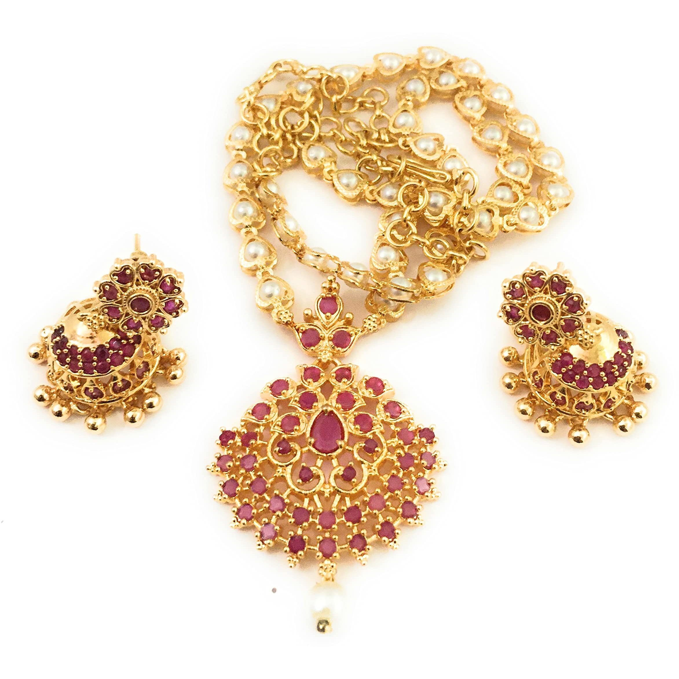 Sasitrends One Gram Micro Gold Plated Pearl Chain Pendant Necklace Set For Women And Girls