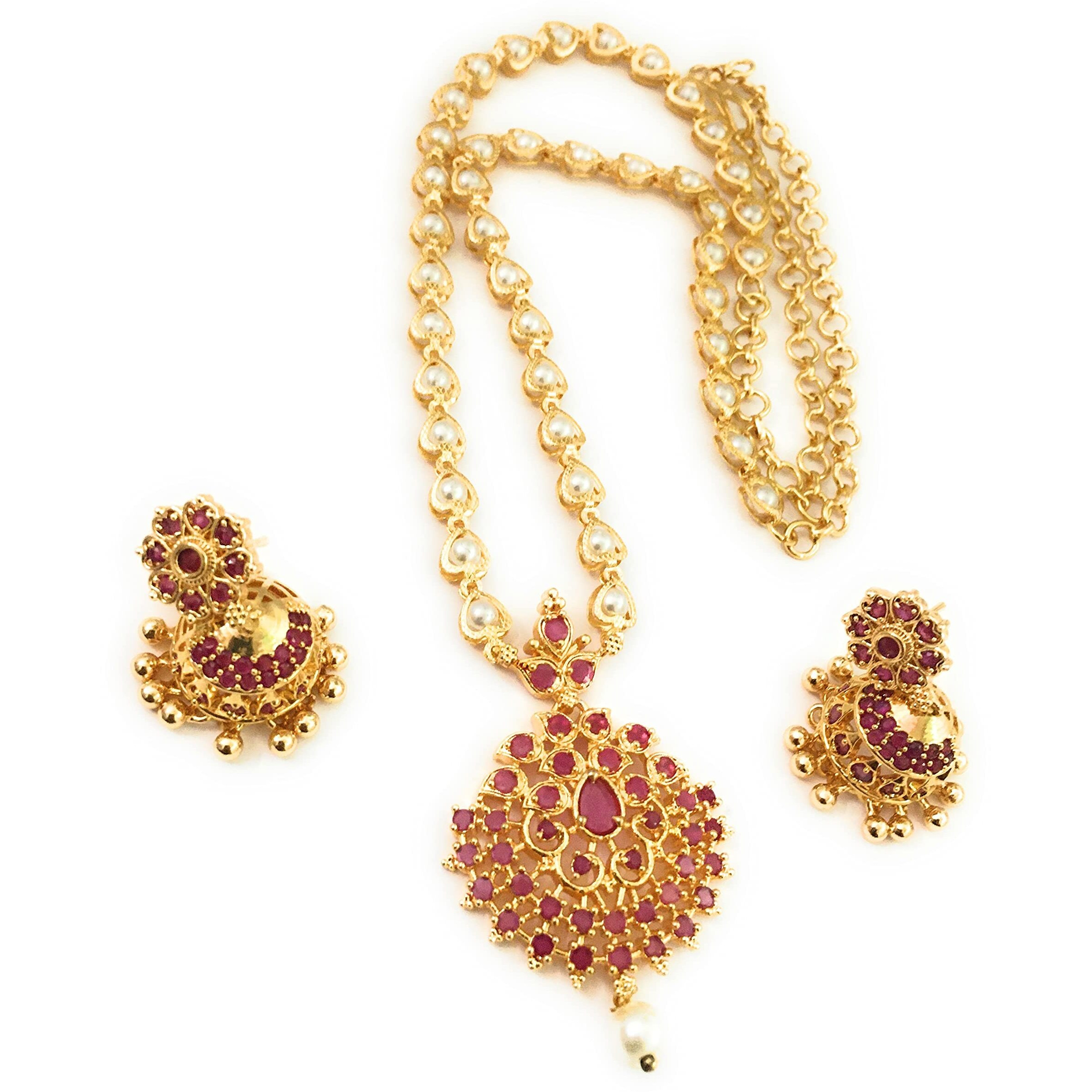 Sasitrends One Gram Micro Gold Plated Pearl Chain Pendant Necklace Set For Women And Girls