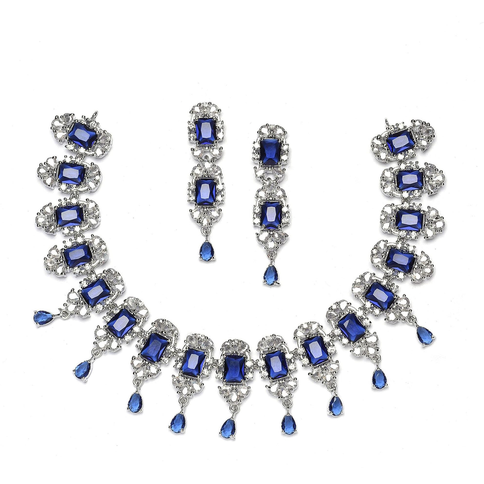 ZENEME Rhodium Plated Square Shaped Silver Toned American Diamond Stone Studded Necklace With Earring Jewellery Set For Women and Girl (Navy Blue)