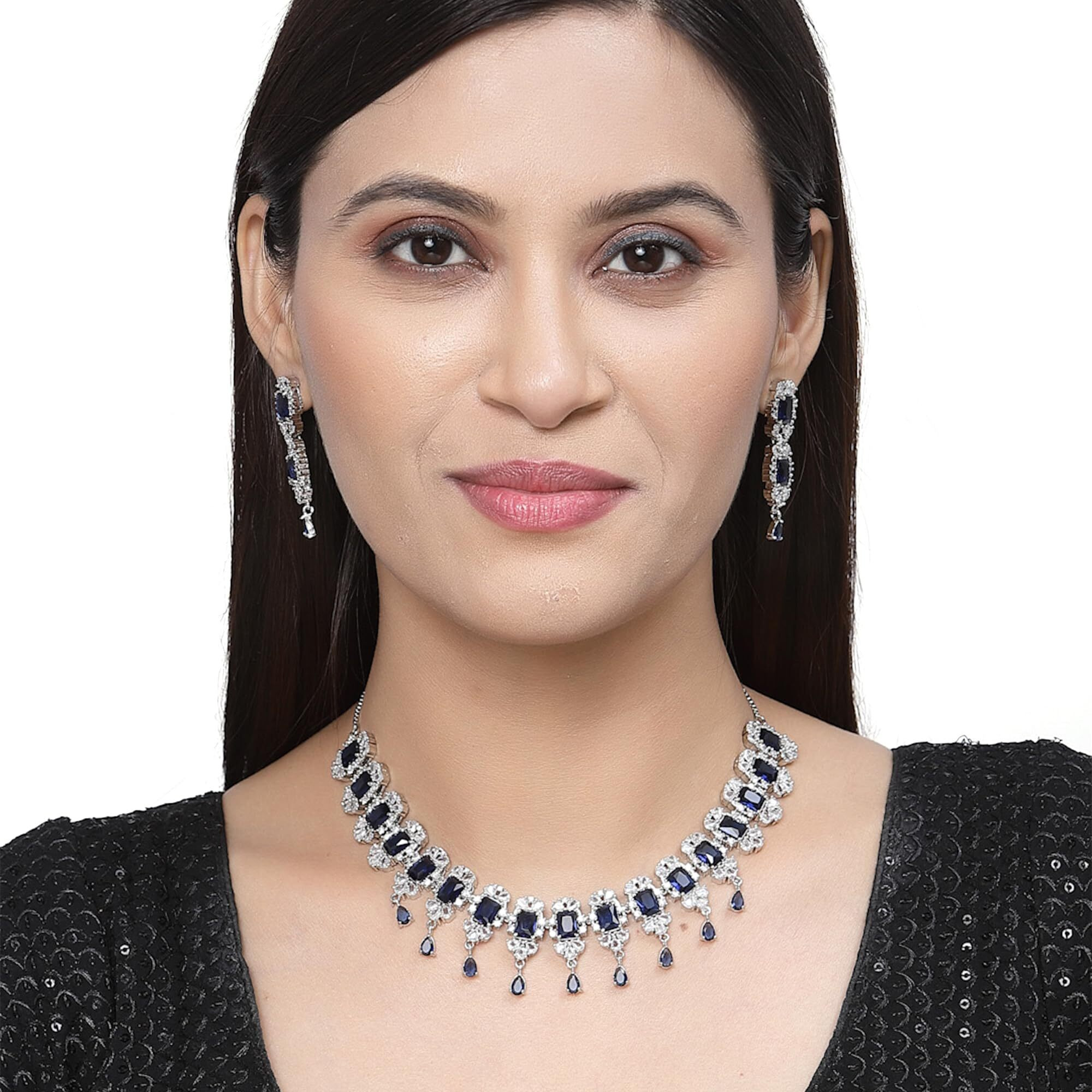 ZENEME Rhodium Plated Square Shaped Silver Toned American Diamond Stone Studded Necklace With Earring Jewellery Set For Women and Girl (Navy Blue)