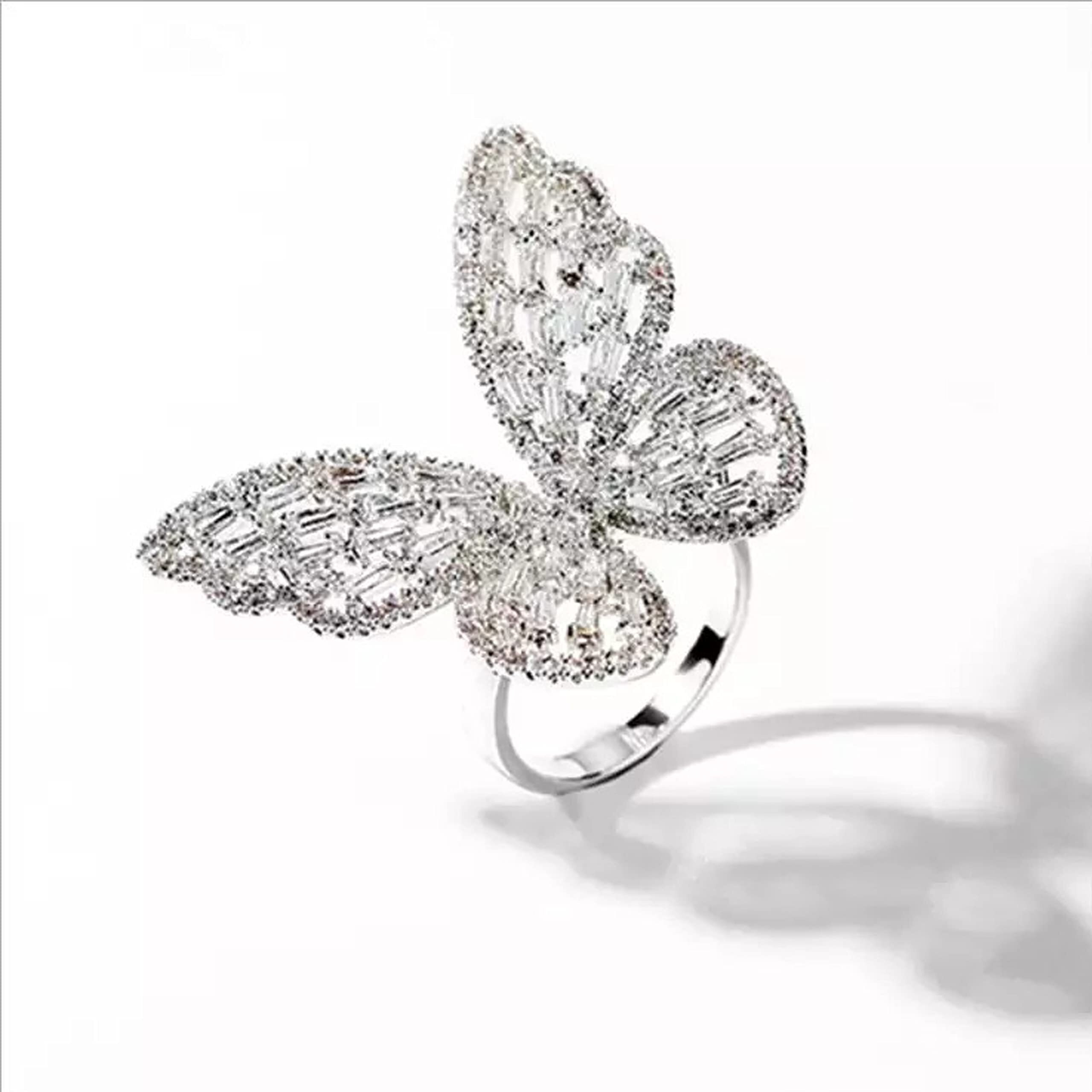 Fashion Frill Womens Jewellery Butterfly Ring For Women Stainless Steel Silver AD Studded Ring For Girls Adjustable Ring Romantic Gift For Wife Girlfriend Promise Ring
