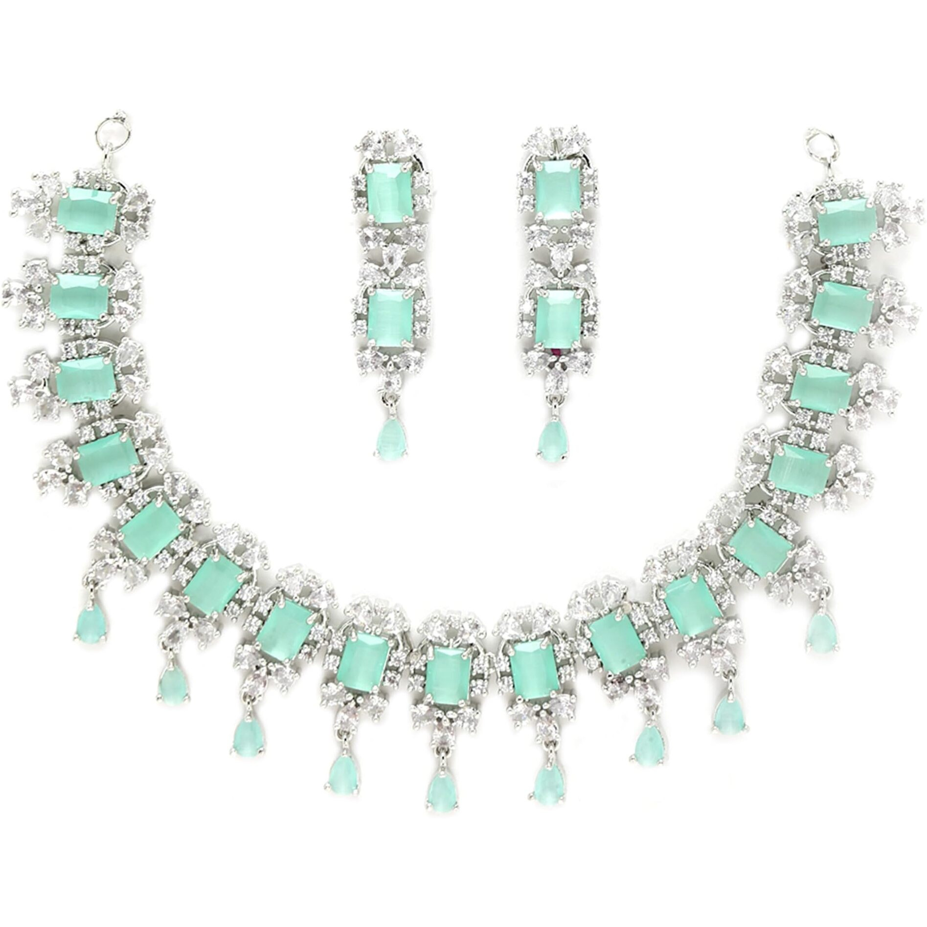 ZENEME Rhodium Plated Square Shaped Silver Toned American Diamond Stone Studded Necklace With Earring Jewellery Set For Women and Girl (Sea Green)
