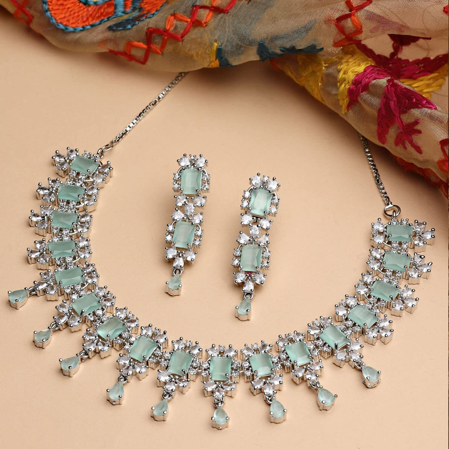 ZENEME Rhodium Plated Square Shaped Silver Toned American Diamond Stone Studded Necklace With Earring Jewellery Set For Women and Girl (Sea Green)