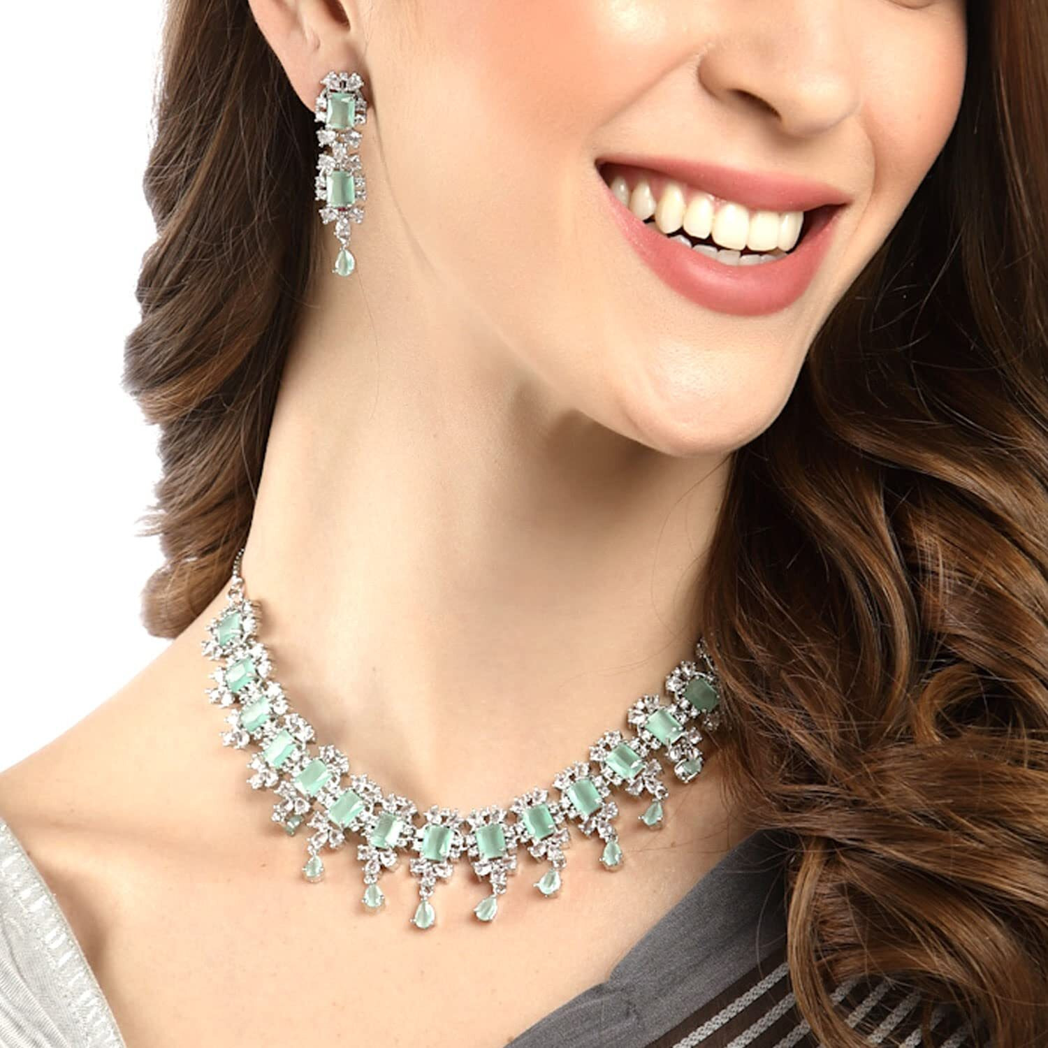ZENEME Rhodium Plated Square Shaped Silver Toned American Diamond Stone Studded Necklace With Earring Jewellery Set For Women and Girl (Sea Green)