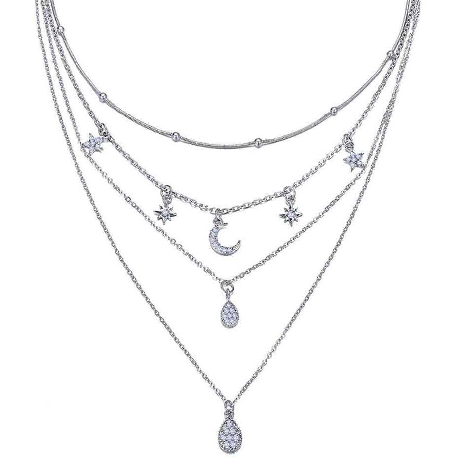 Shining Diva Fashion Latest Multilayer Non Precious Base Metal Cubic Zirconia Silver Western Neckpiece Neck Chain Necklace for Women (12250np)
