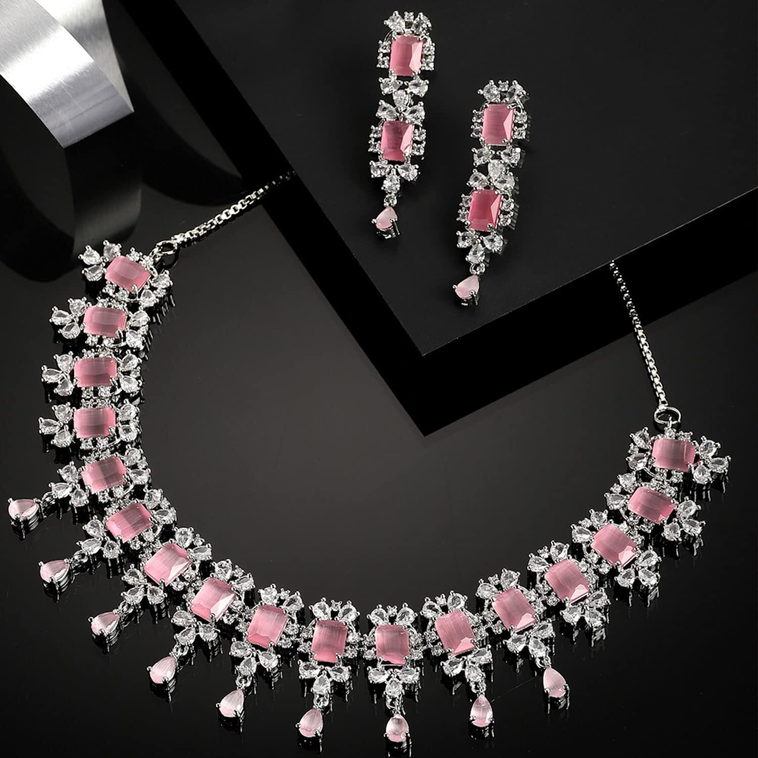 ZENEME Rhodium Plated Square Shaped Silver Toned American Diamond Stone Studded Necklace With Earring Jewellery Set For Women and Girl (Pink)
