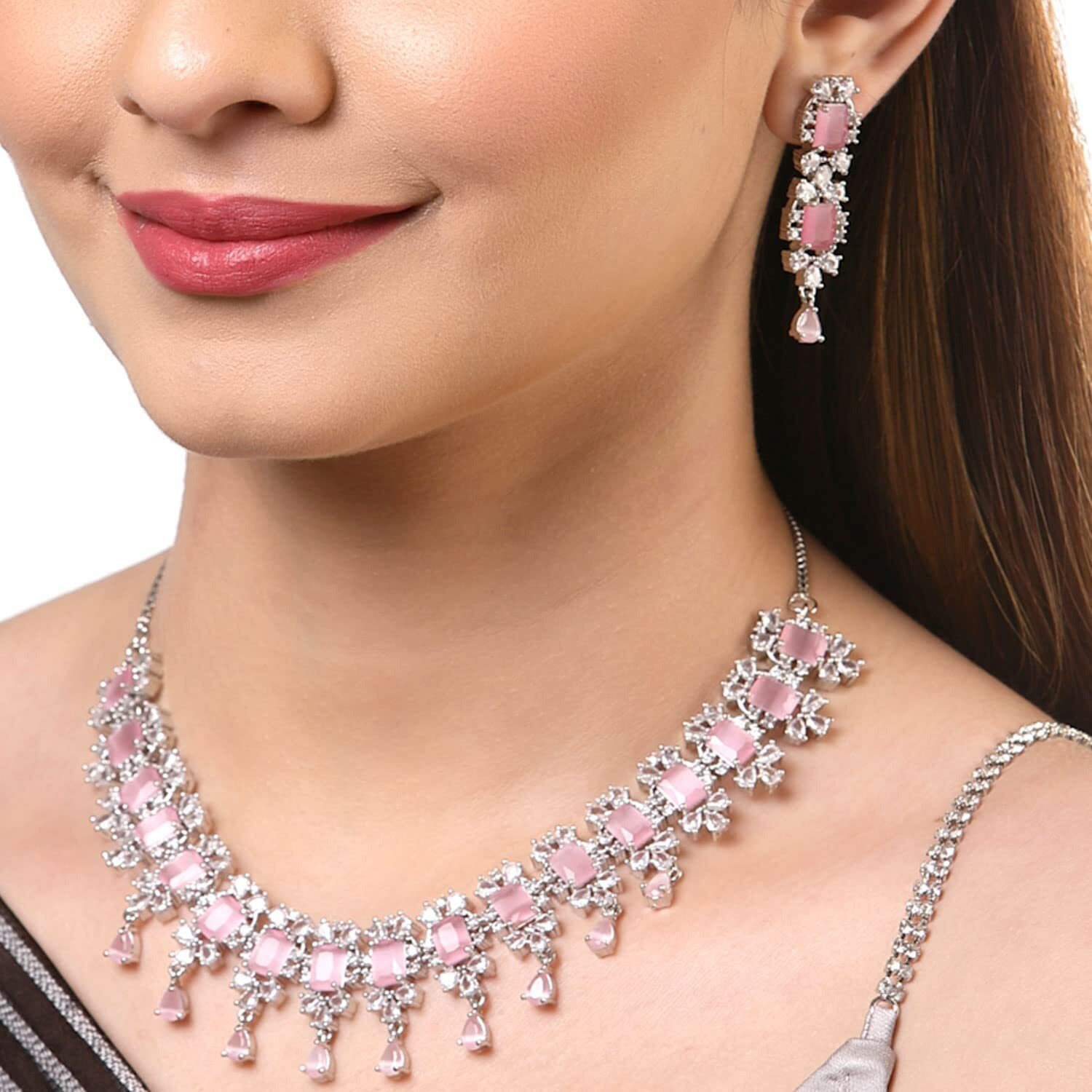 ZENEME Rhodium Plated Square Shaped Silver Toned American Diamond Stone Studded Necklace With Earring Jewellery Set For Women and Girl (Pink)