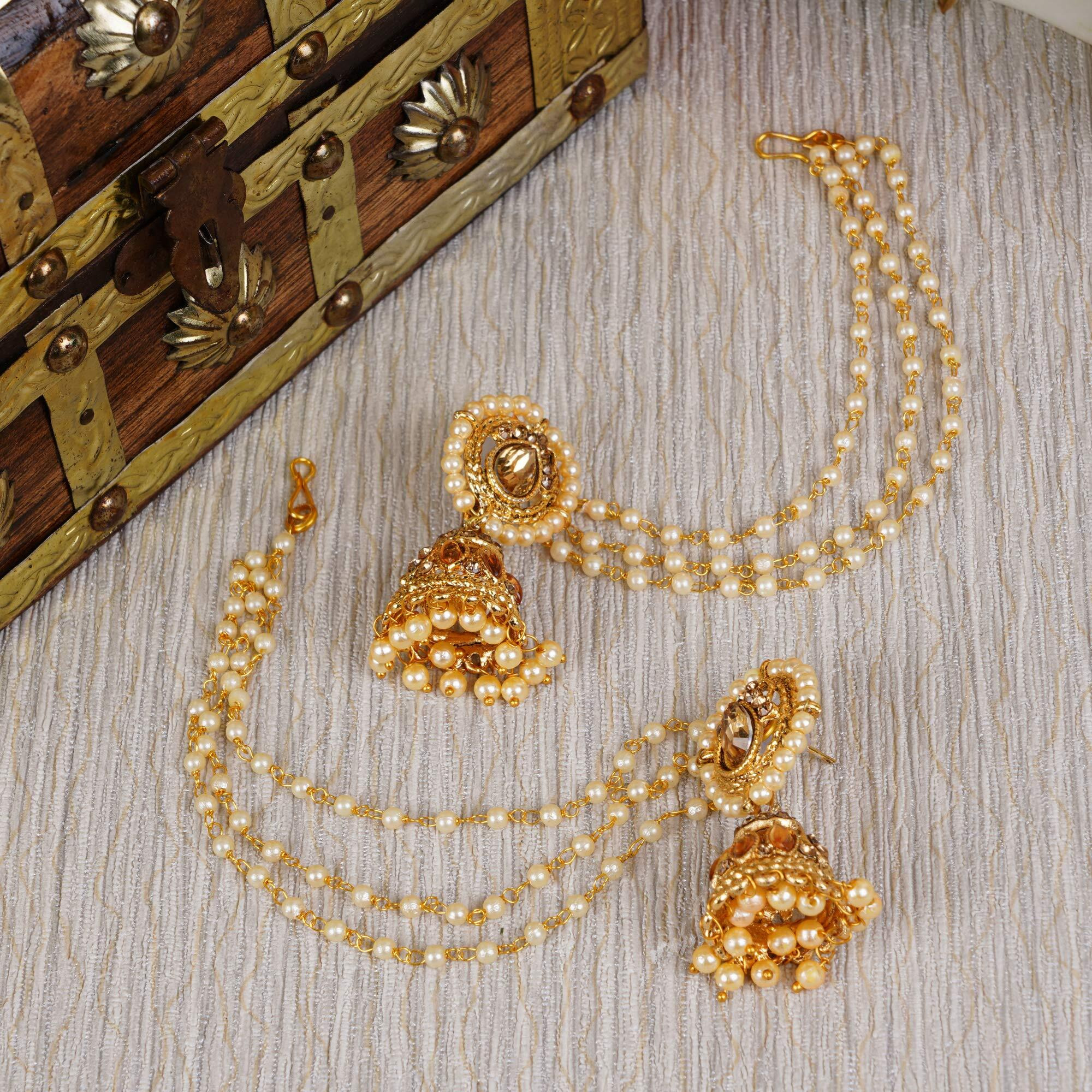 Shining Diva Fashion Latest Bahubali Design Stylish Metal Gold Plated Traditional Golden Pearl Chain Jhumki Earrings for Women (10365er)