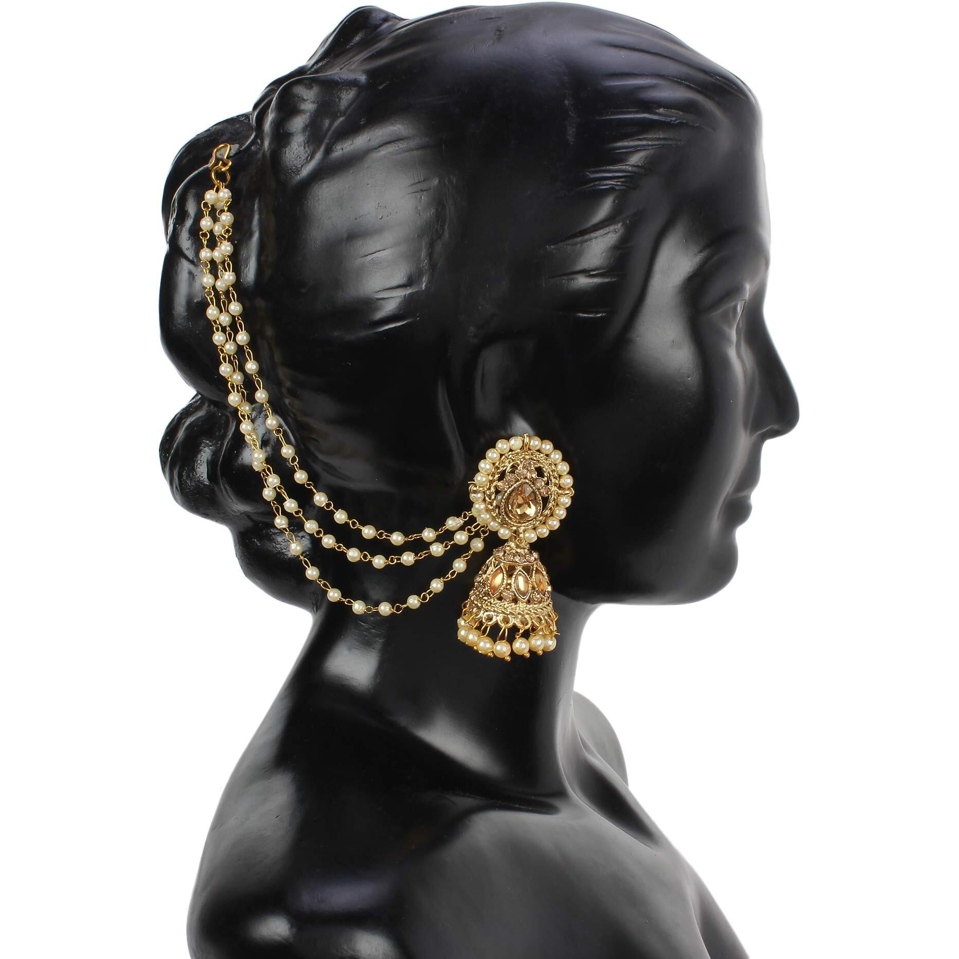 Shining Diva Fashion Latest Bahubali Design Stylish Metal Gold Plated Traditional Golden Pearl Chain Jhumki Earrings for Women (10365er)