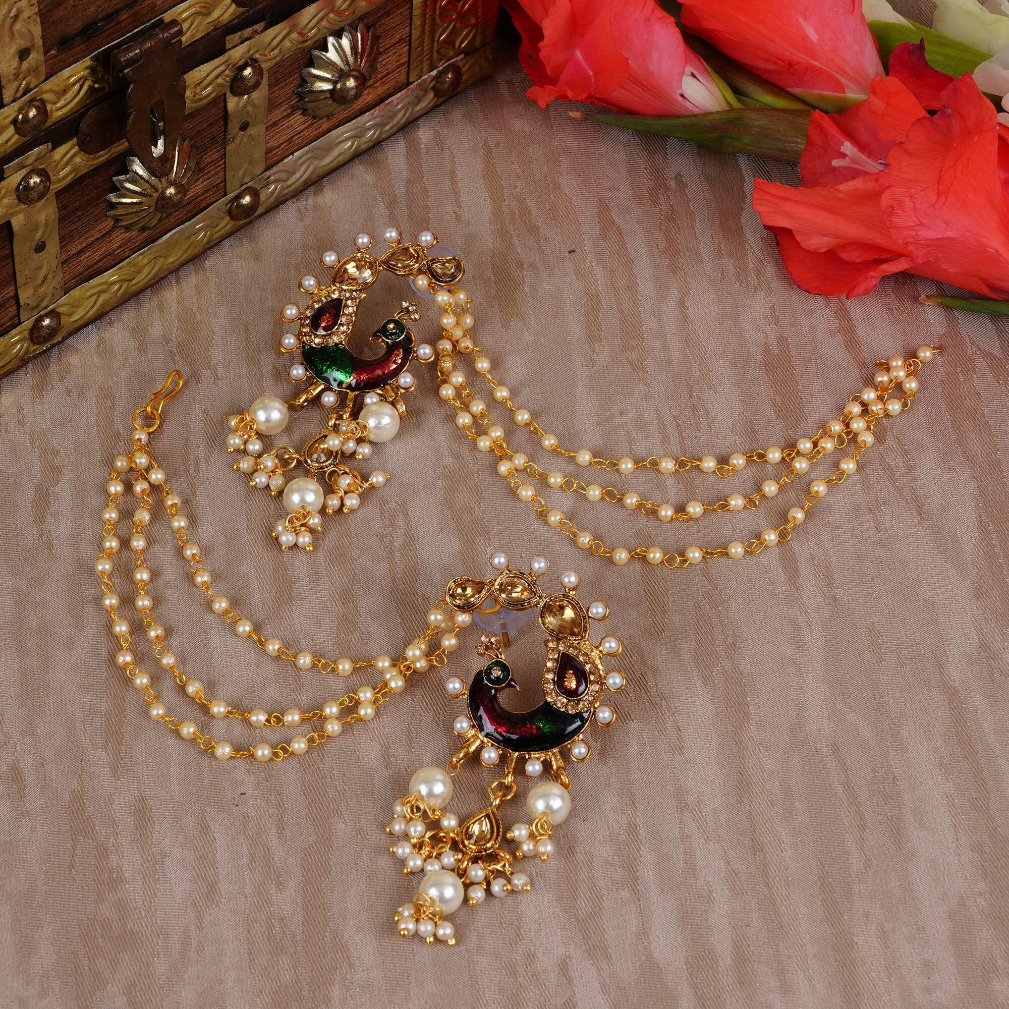 Shining Diva Fashion Latest Bahubali Design Stylish Traditional Golden Metal Gold Plated Pearl Chain Jhumki Earrings for Women and Girls (10366er)