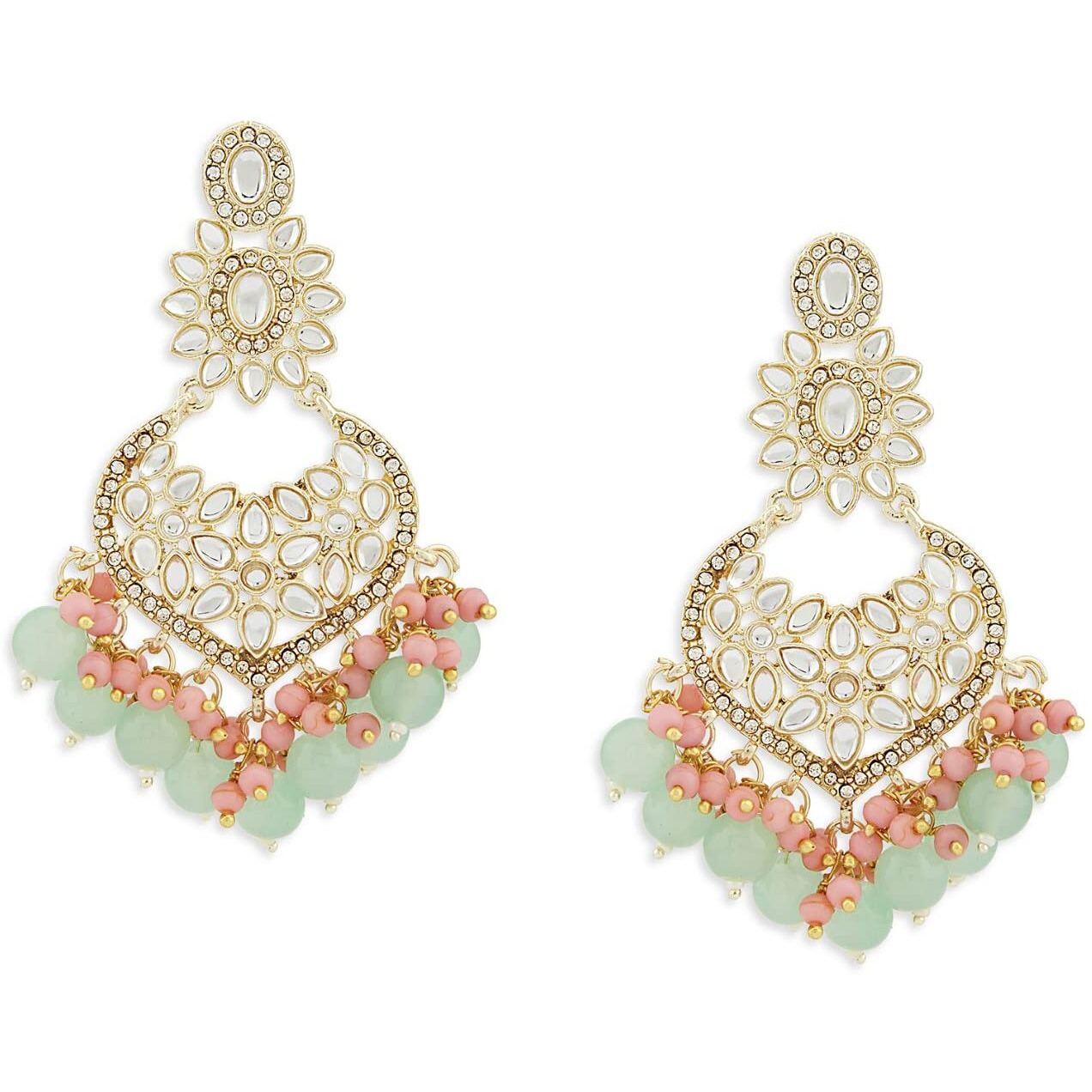 Zaveri Pearls Green & Pink Cluster Beads Kundan Ethnic Dangle Yellow Gold Earring For Women-ZPFK13547