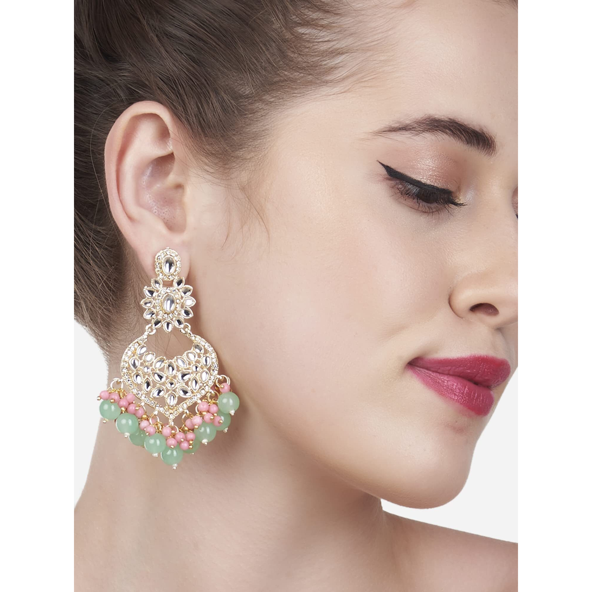 Zaveri Pearls Green & Pink Cluster Beads Kundan Ethnic Dangle Yellow Gold Earring For Women-ZPFK13547