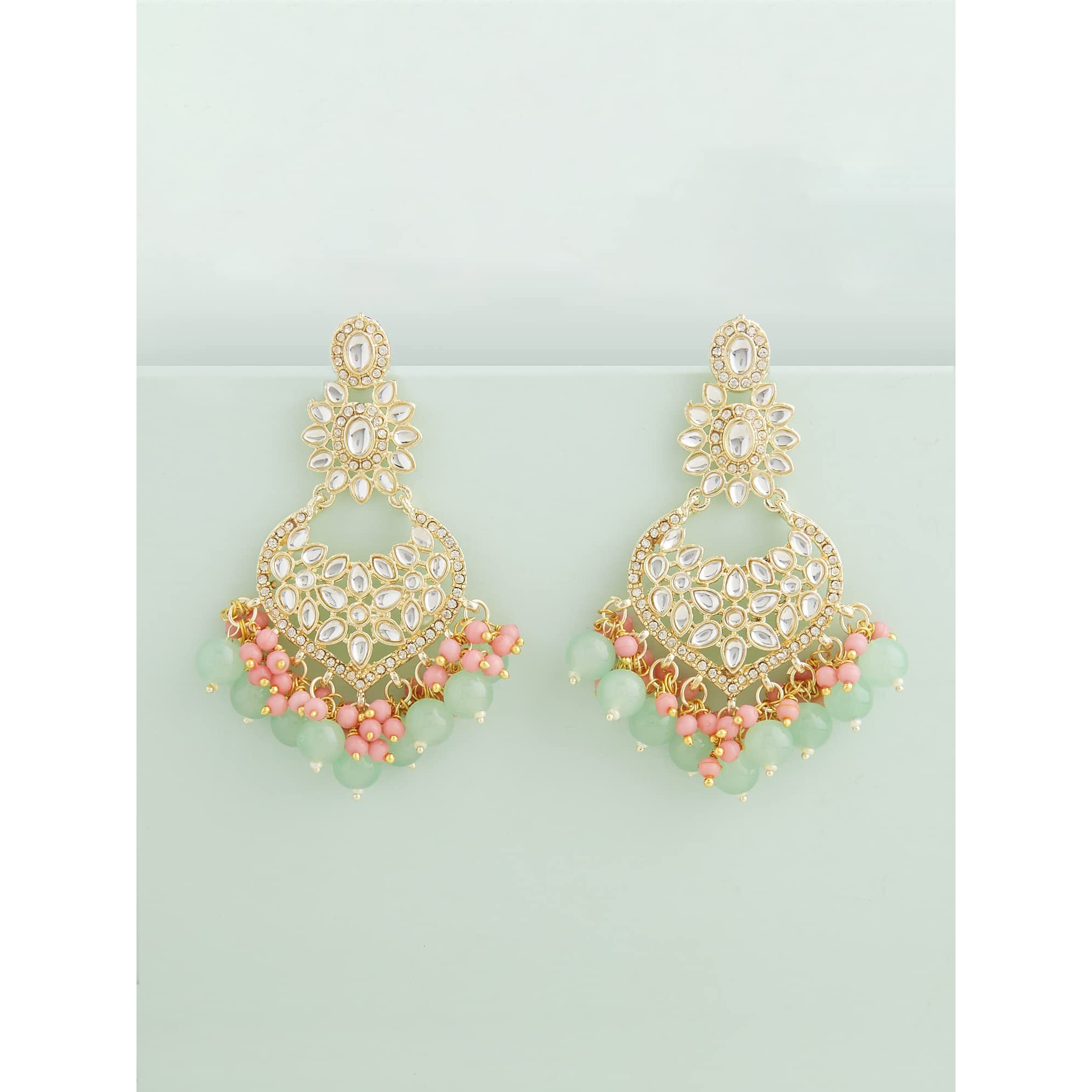 Zaveri Pearls Green & Pink Cluster Beads Kundan Ethnic Dangle Yellow Gold Earring For Women-ZPFK13547