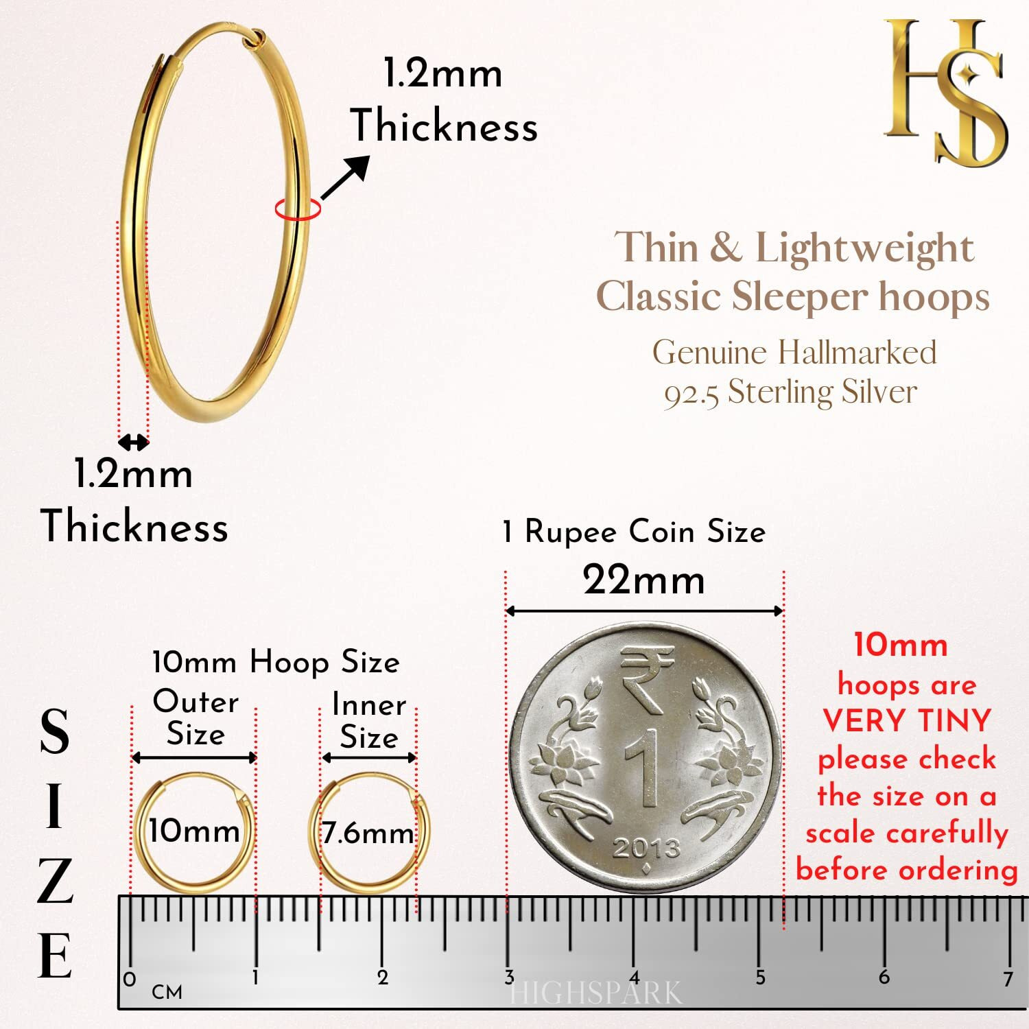 HIGHSPARK 925 Silver Hoop Earrings in Gold Finish | 92.5 Sterling Silver Round Classic Endless Hoops Sizes 10mm to 40mm | Lovely Gift for Men Women Boys & Girls - Gold 14mm