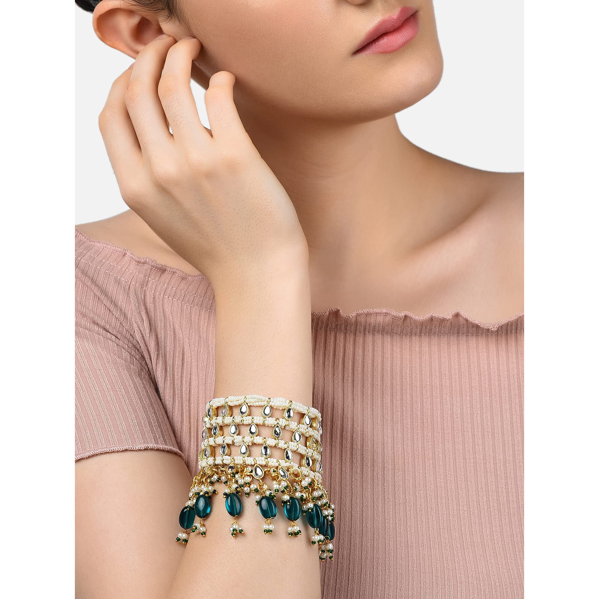 ZAVERI PEARLS Green Beads Traditional Kundan & Pearls Bracelet For Women-ZPFK11057