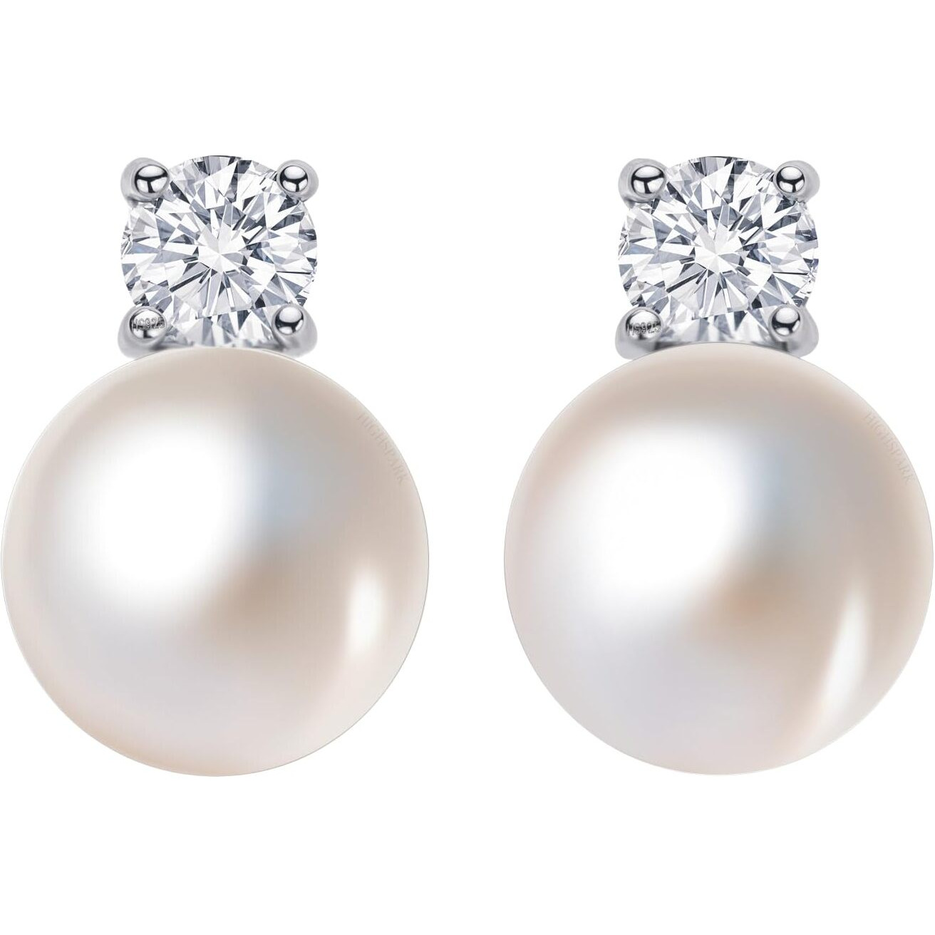 HIGHSPARK 925 Silver Solitaire Pearl Earrings | 92.5 Sterling Silver & Brilliant Lustre Pearls | Lovely Gift for Women & Girls - Pearl CZ 001