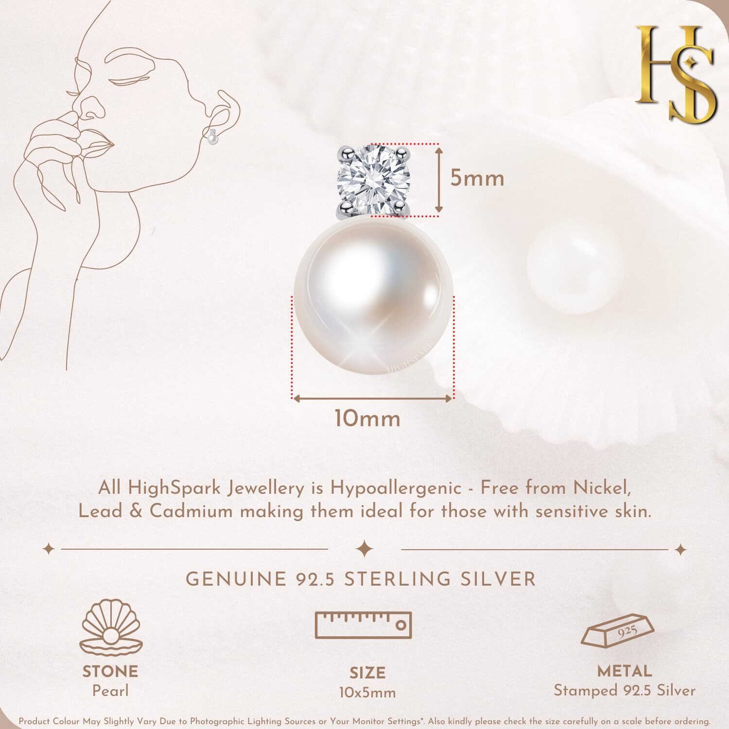 HIGHSPARK 925 Silver Solitaire Pearl Earrings | 92.5 Sterling Silver & Brilliant Lustre Pearls | Lovely Gift for Women & Girls - Pearl CZ 001