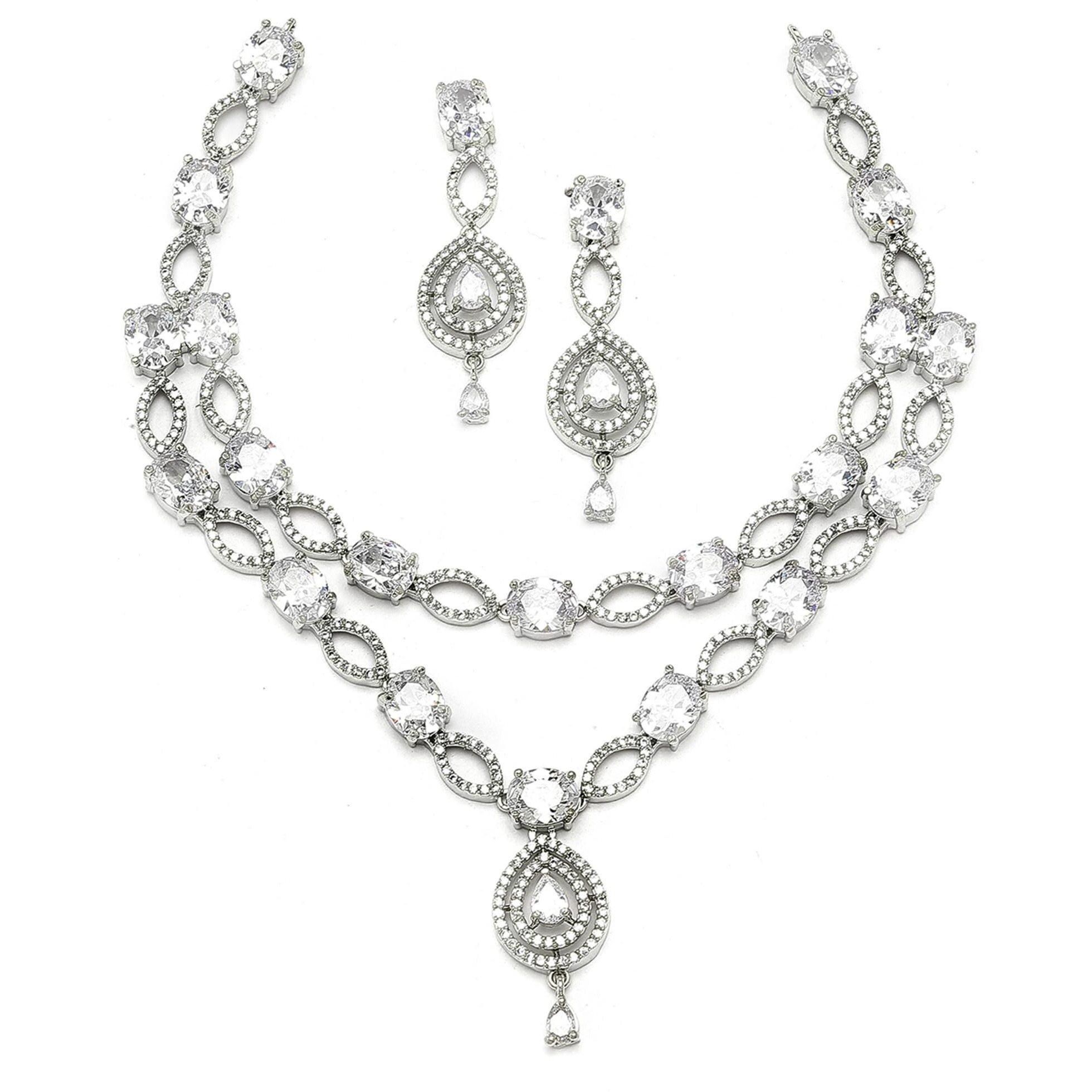 ZENEME Rhodium-Plated American Diamond Studded Abstract Necklace With Earrings Jewellery Set For Girls and Women (White)