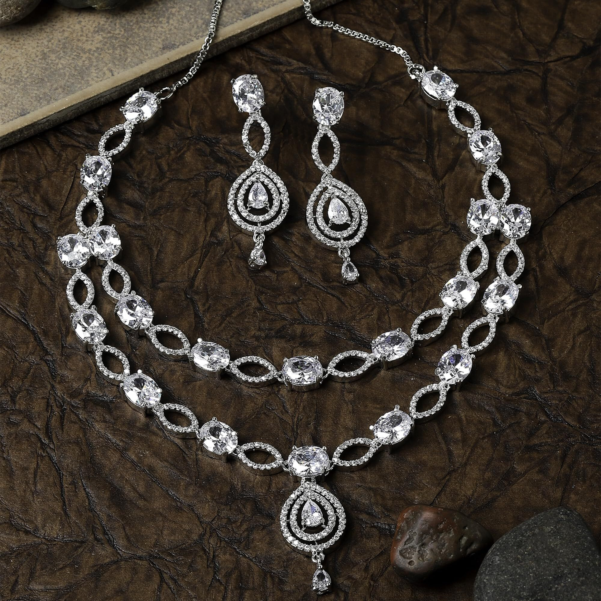 ZENEME Rhodium-Plated American Diamond Studded Abstract Necklace With Earrings Jewellery Set For Girls and Women (White)