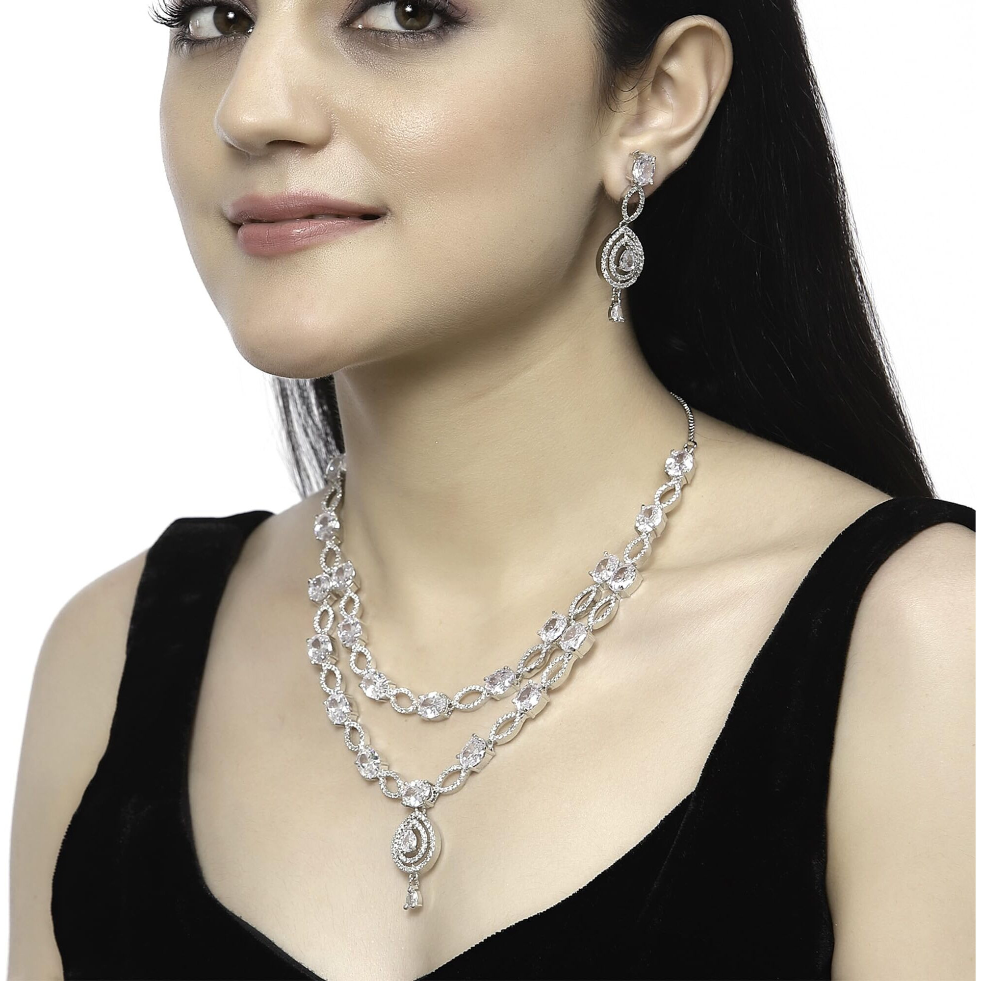 ZENEME Rhodium-Plated American Diamond Studded Abstract Necklace With Earrings Jewellery Set For Girls and Women (White)