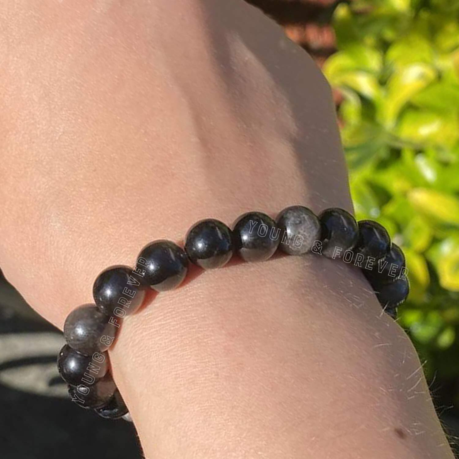 Young & Forever Gift Certified Reiki Crystal Semi Precious Gemstone Silver Sheen Obsidian Happiness and Protection Energy Healing Stone Stretch Bracelet for Men Women