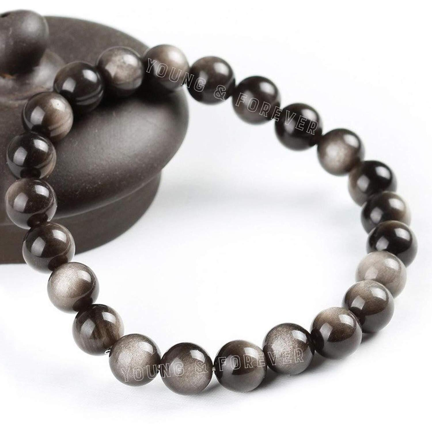 Young & Forever Gift Certified Reiki Crystal Semi Precious Gemstone Silver Sheen Obsidian Happiness and Protection Energy Healing Stone Stretch Bracelet for Men Women