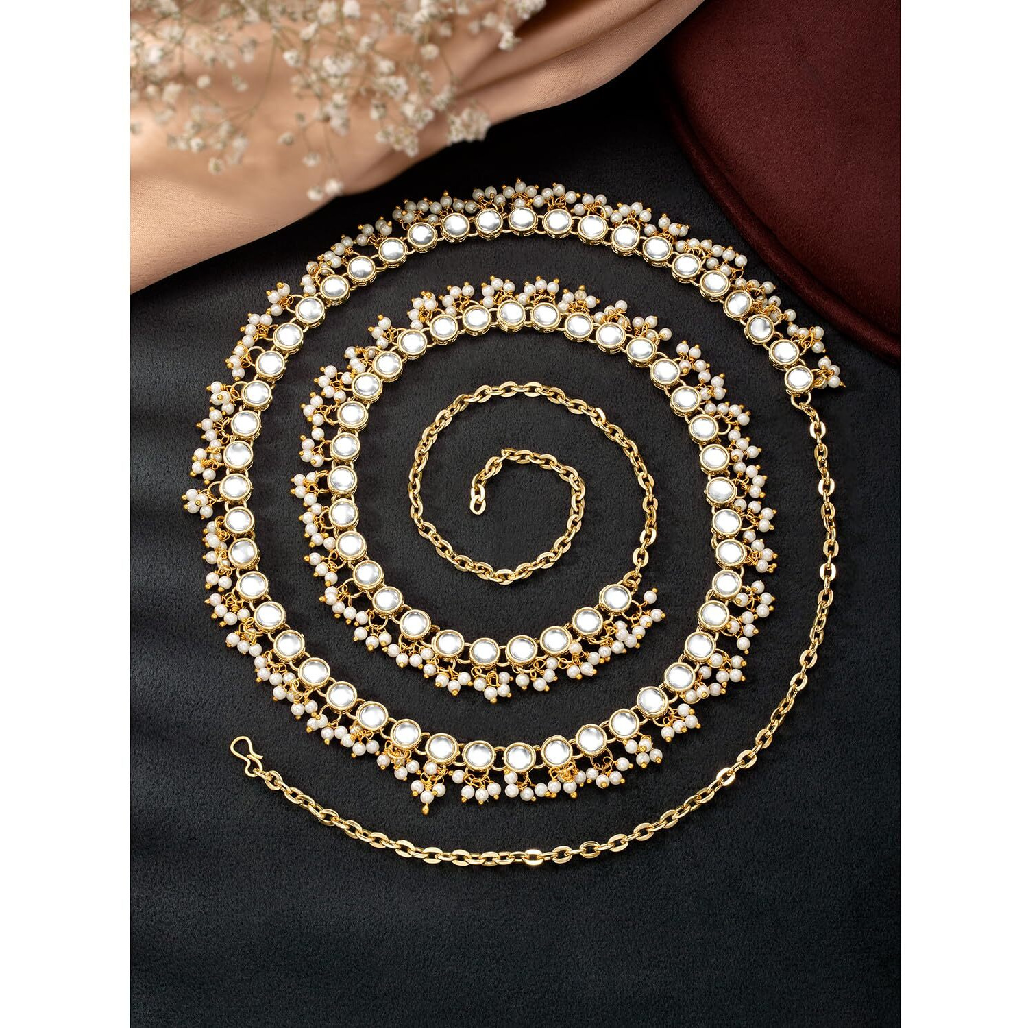Peora Traditional Jewellery Gold Plated White Kundan Baby Pearl Waist Belt Kamar bandh Belly Chain for Women Girls|Rakhi Rakshabandhan Gift for Sister Bhabhi, Gifts for Women