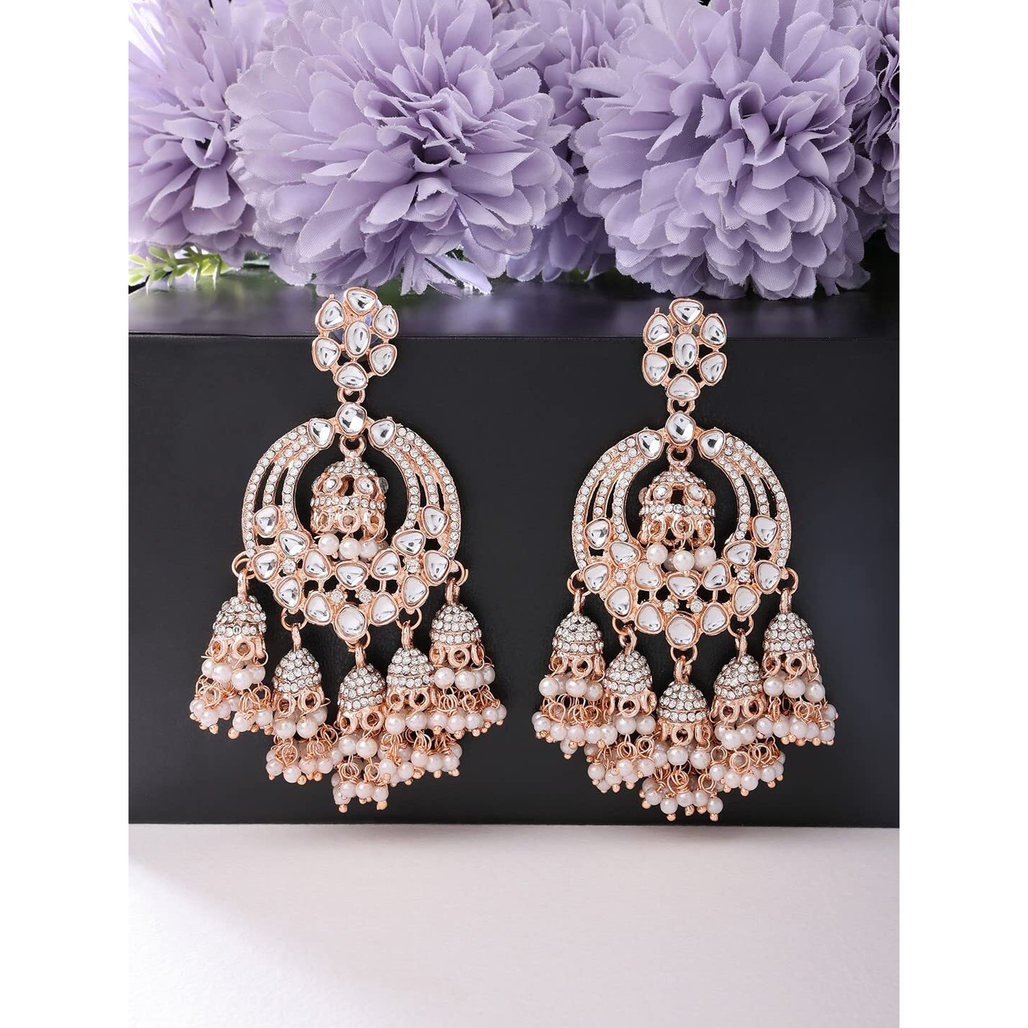 Zaveri Pearls Rose Gold Kundan & Dazzling Austrian Diamonds Embellished Jhumki Drops Earring For Women-ZPFK13786
