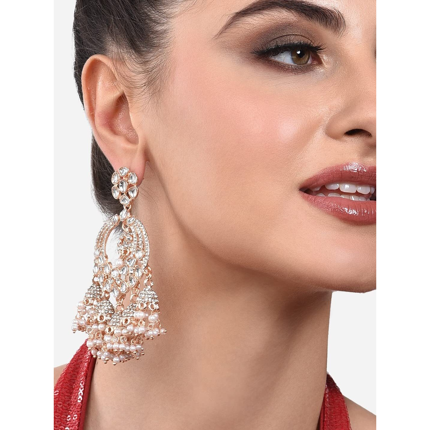 Zaveri Pearls Rose Gold Kundan & Dazzling Austrian Diamonds Embellished Jhumki Drops Earring For Women-ZPFK13786