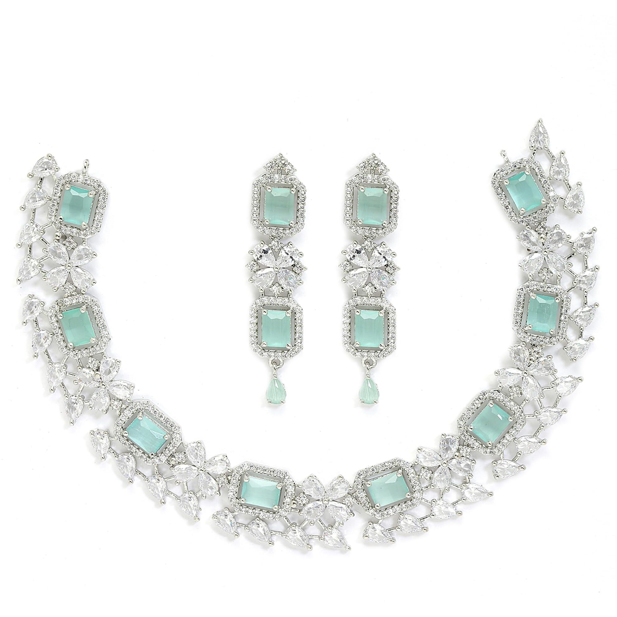 ZENEME Rhodium-Plated with Silver-Toned Sea Green and White American Diamond Studded Necklace and Earrings Jewellery Set (Sea Green) For Women