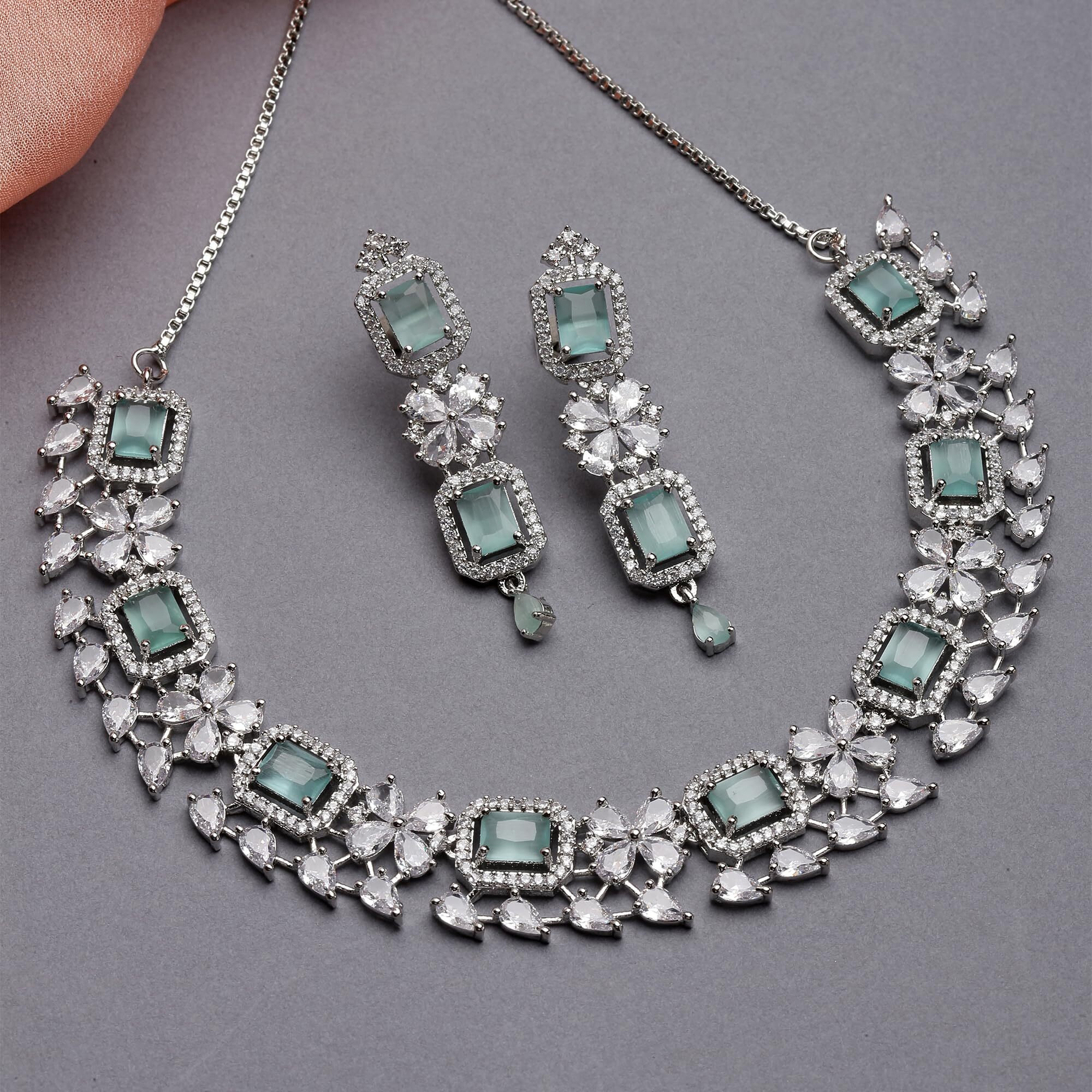 ZENEME Rhodium-Plated with Silver-Toned Sea Green and White American Diamond Studded Necklace and Earrings Jewellery Set (Sea Green) For Women