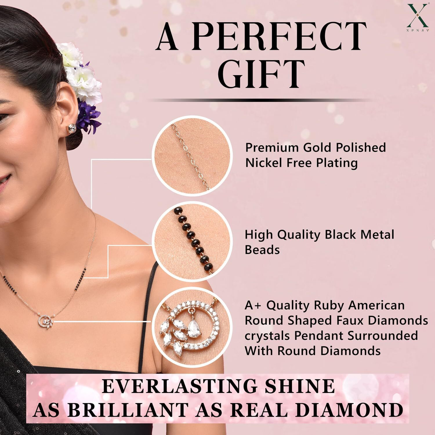 XPNSV Jewelry Luxury Pendant Gift Set Mangalsutra for Women, Girl & Her With American Diamond, Traditional Black Bead, Best Gifting Option in 9 Different Designs (Floral Drop Round)