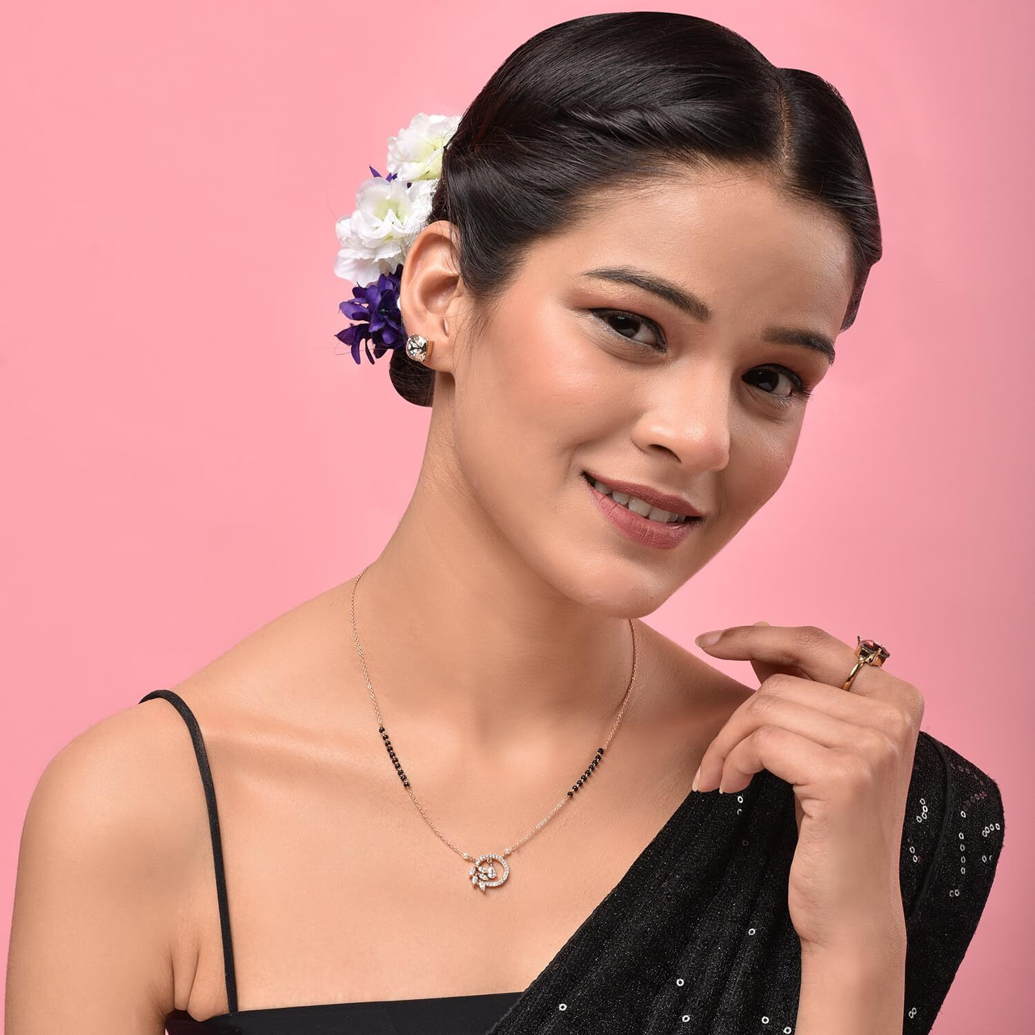 XPNSV Jewelry Luxury Pendant Gift Set Mangalsutra for Women, Girl & Her With American Diamond, Traditional Black Bead, Best Gifting Option in 9 Different Designs (Floral Drop Round)