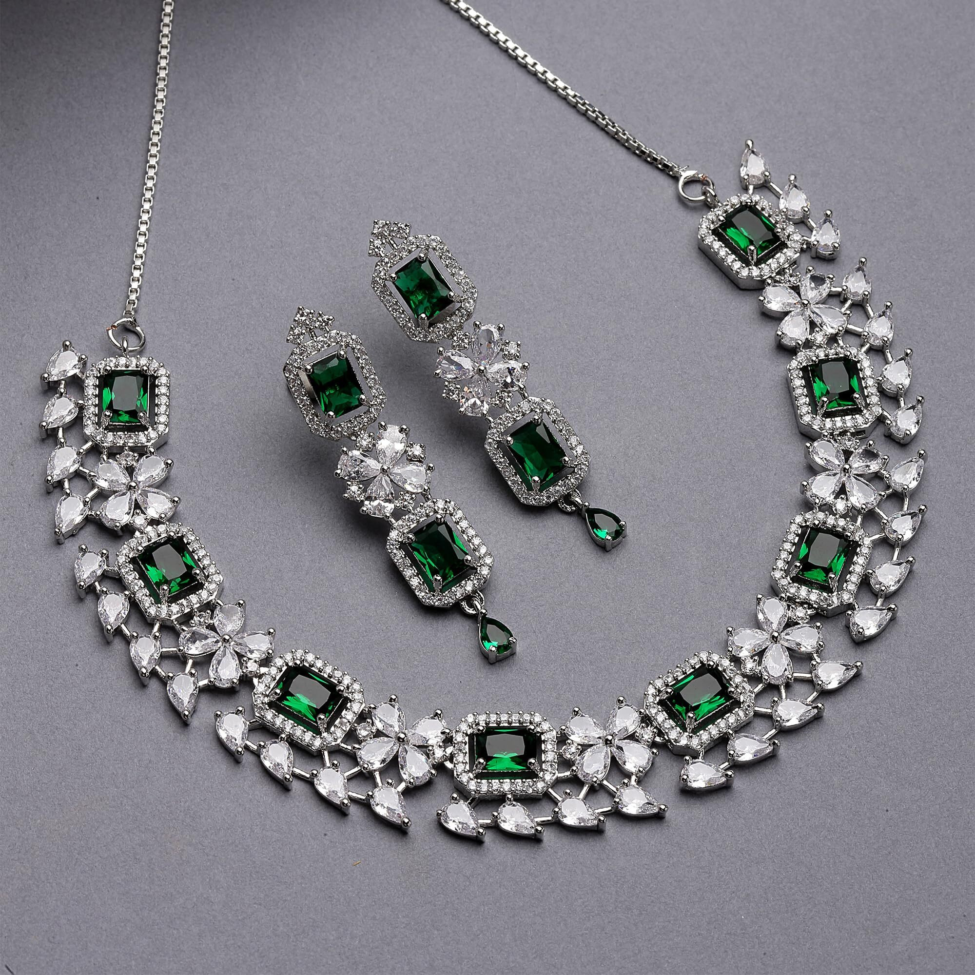ZENEME Rhodium-Plated with Silver-Toned Green and White American Diamond Studded Necklace and Earrings Jewellery Set (Green) For Women