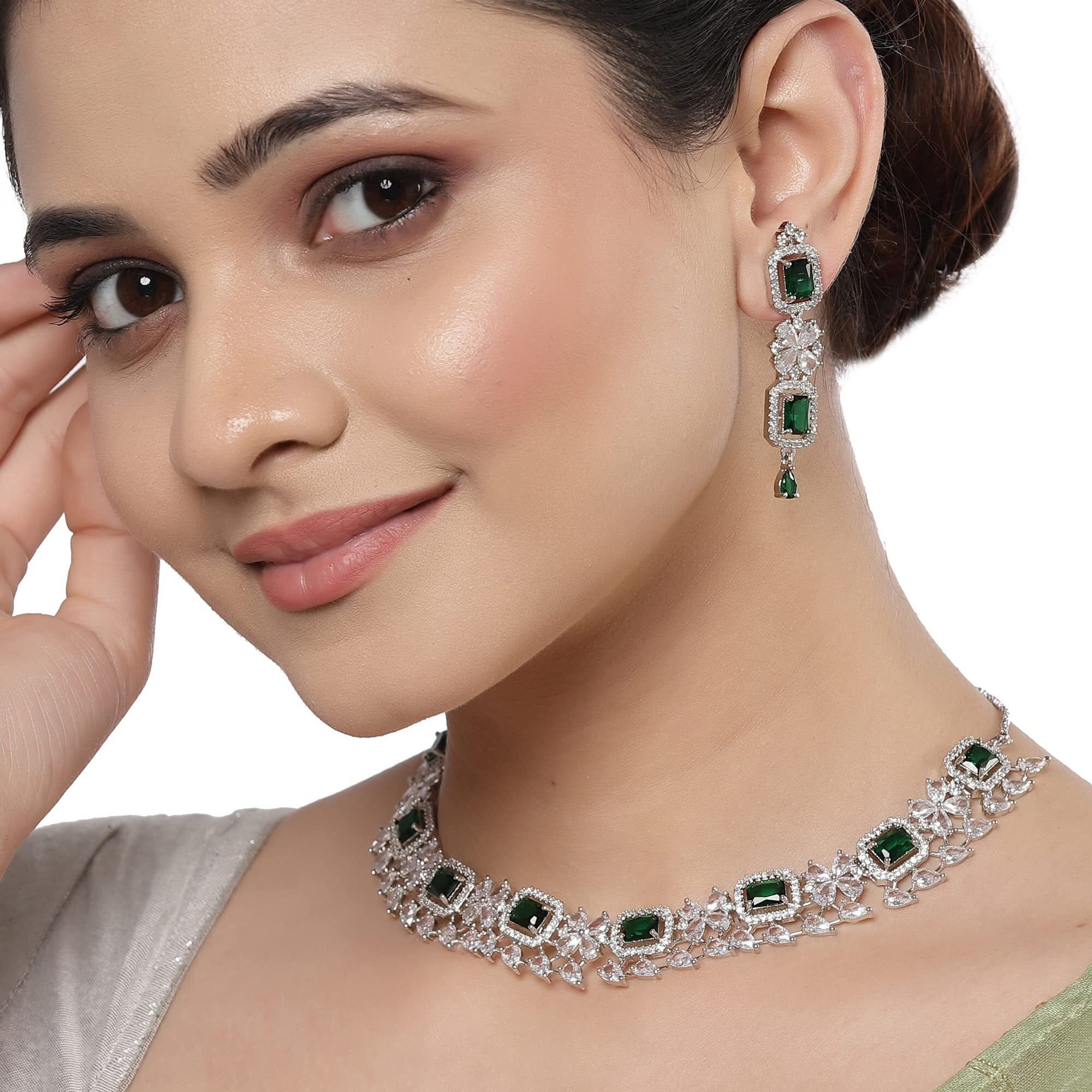 ZENEME Rhodium-Plated with Silver-Toned Green and White American Diamond Studded Necklace and Earrings Jewellery Set (Green) For Women