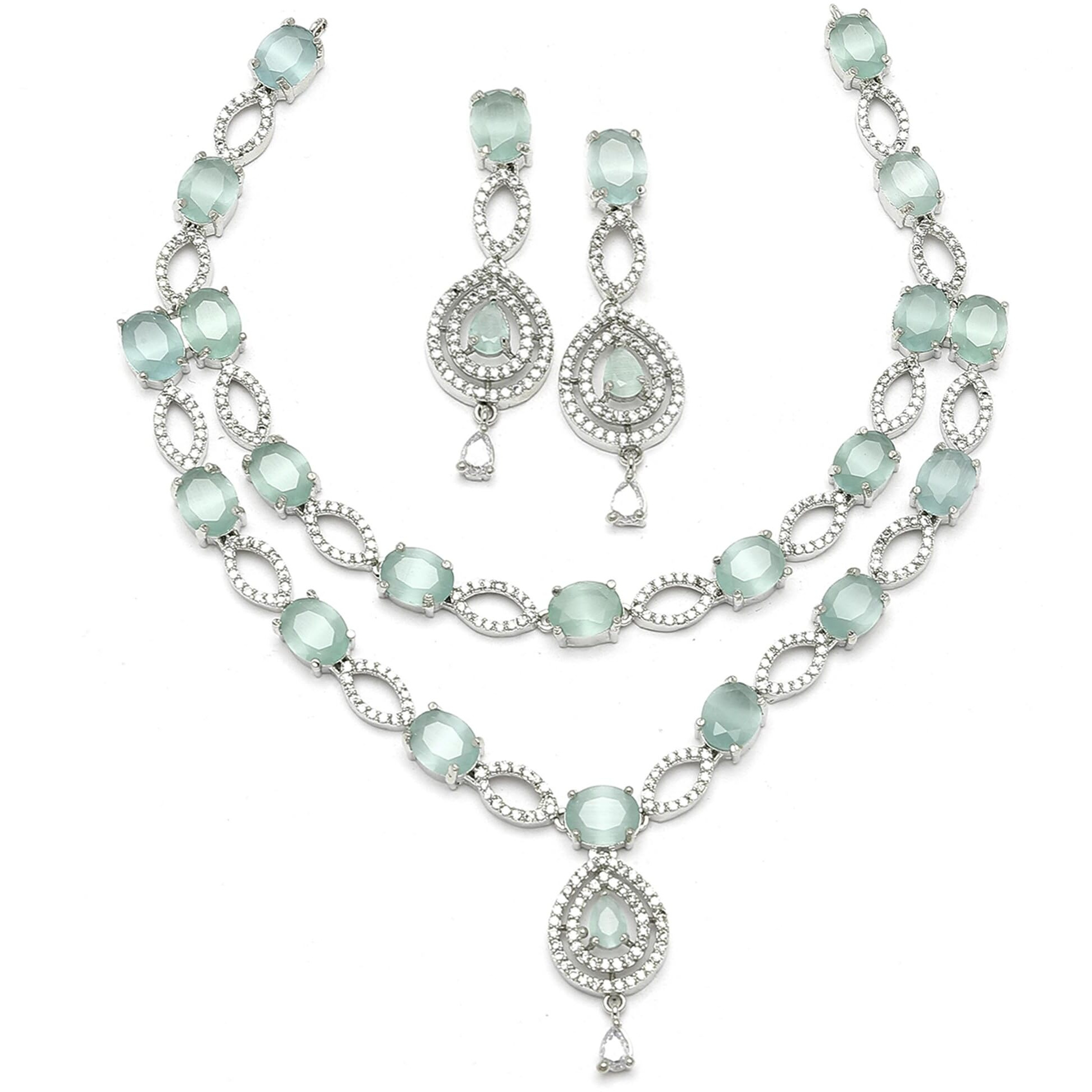 ZENEME Rhodium-Plated American Diamond Studded Abstract Necklace With Earrings Jewellery Set For Girls and Women (Sea Green)