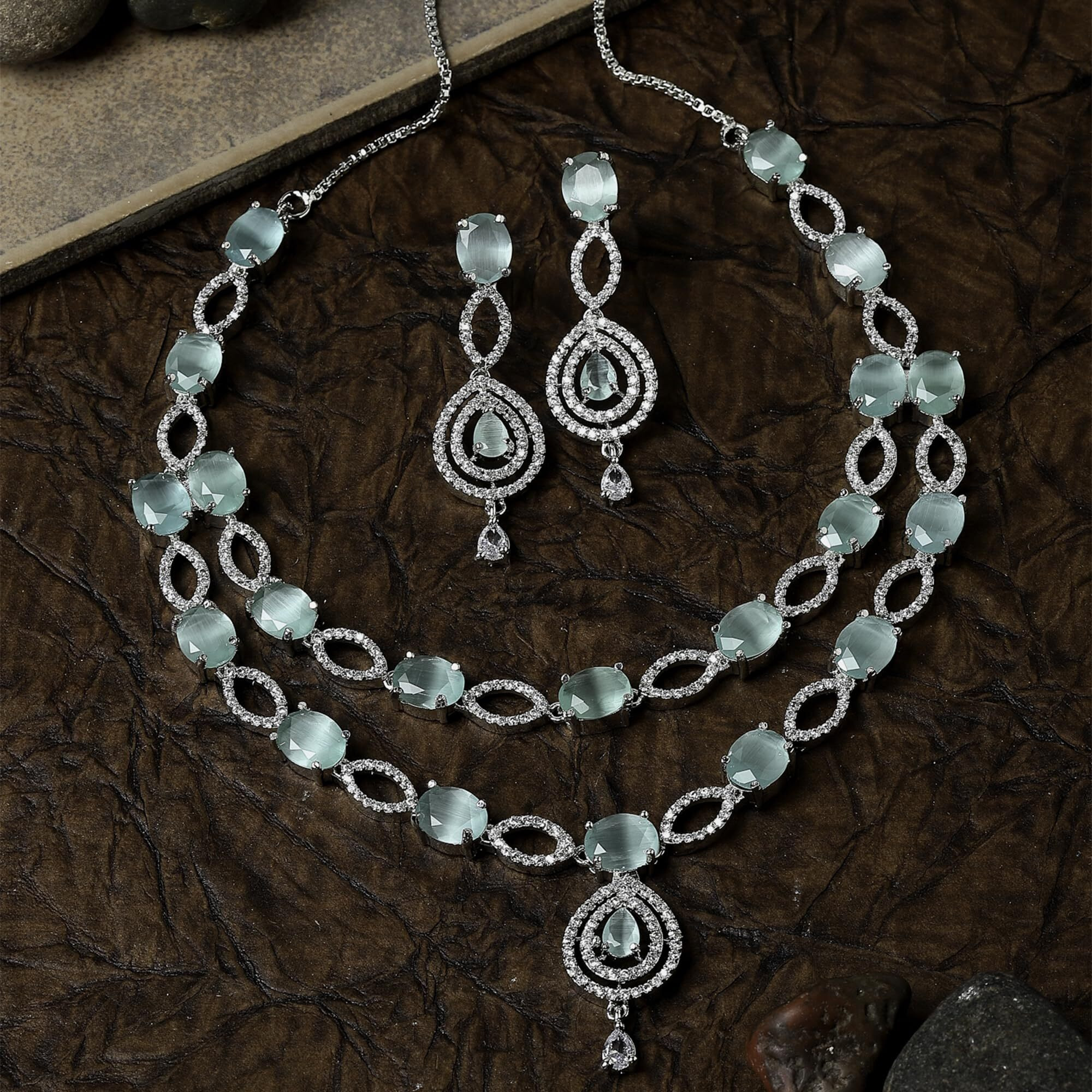 ZENEME Rhodium-Plated American Diamond Studded Abstract Necklace With Earrings Jewellery Set For Girls and Women (Sea Green)