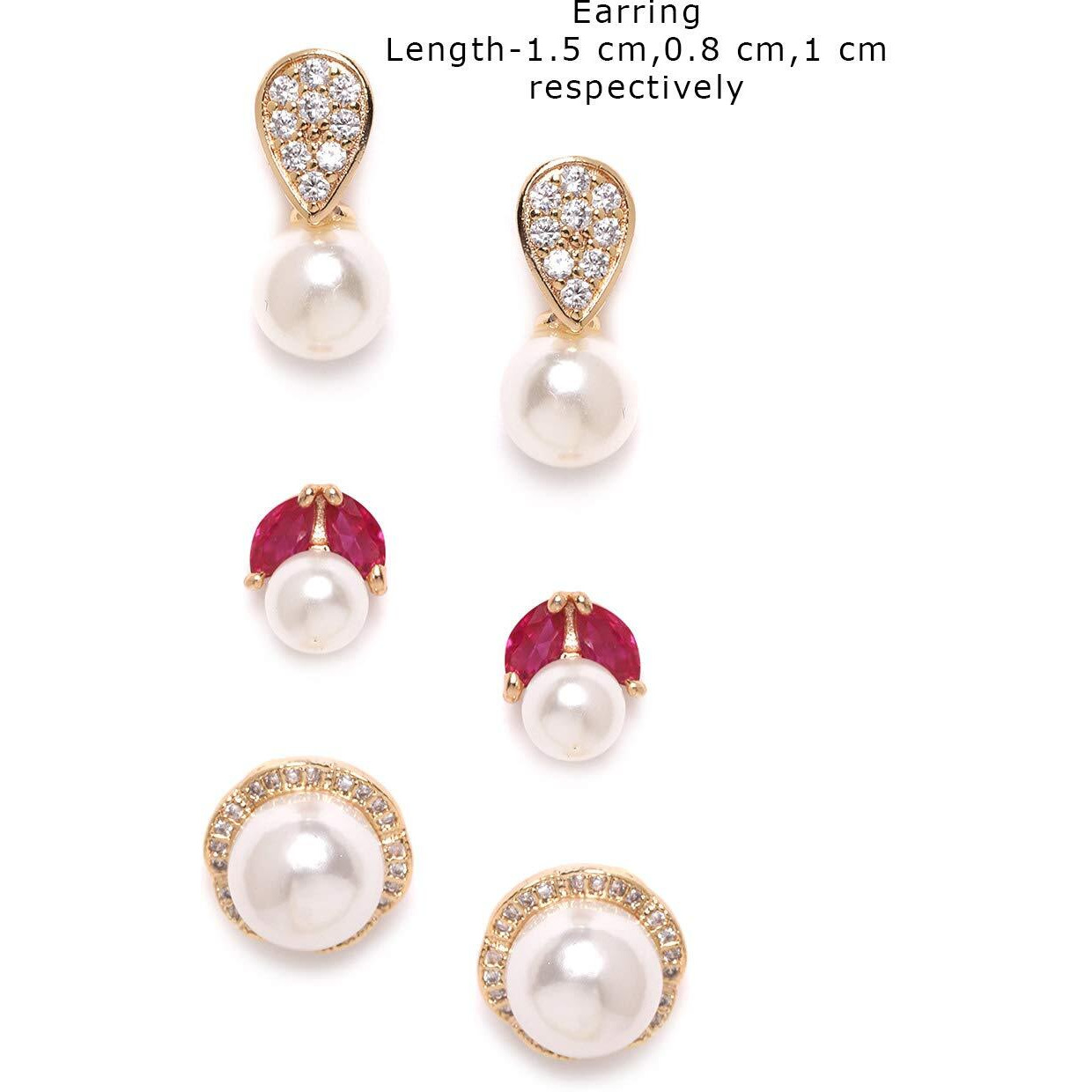 ZAVERI PEARLS Womens Base Metal Cubic Zirconia Diamonds & Pearls Gold, Pink Contemporary Stud Earrings for Women-ZPFK9745, Combo of 3,